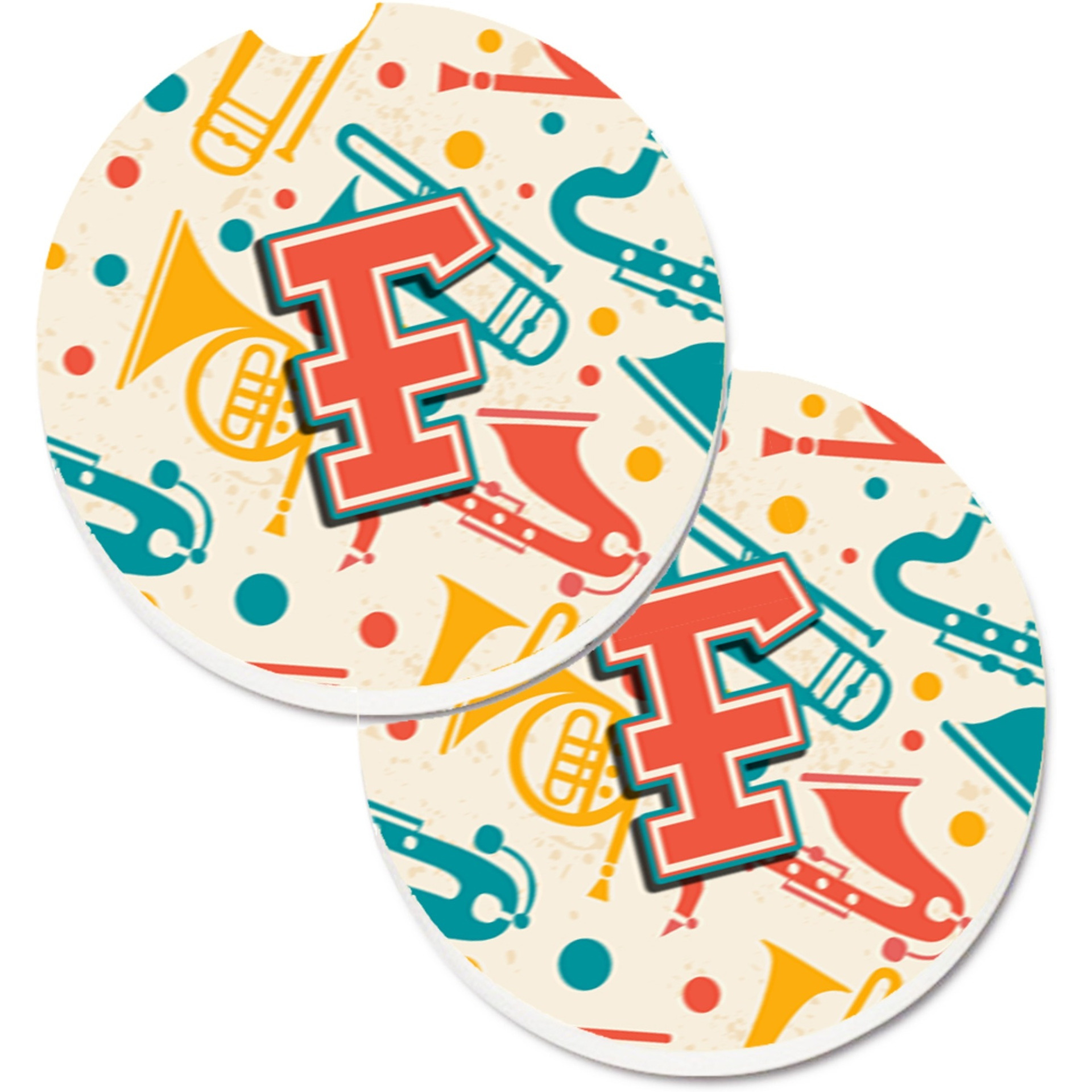 &quotCaroline's Treasures Letter F Retro Teal Orange Musical Instruments Initial Set of 2 Cup Holder Car Coasters CJ2001-FCARC, 2.56, Multicolor"