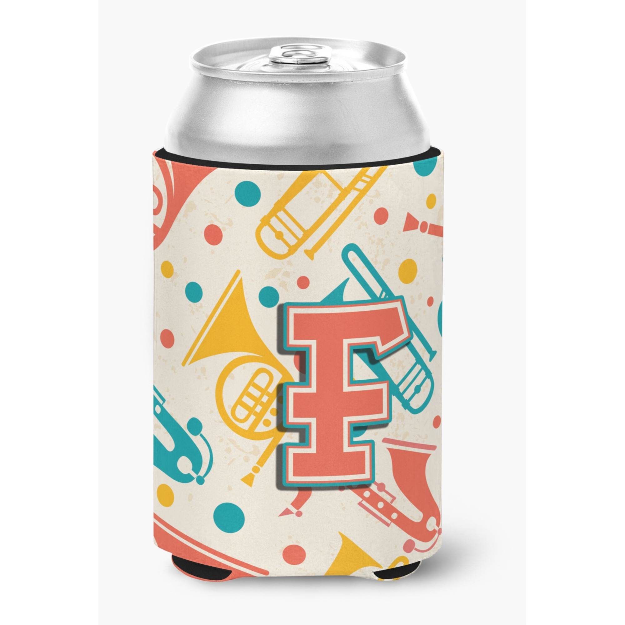 &quotCaroline's Treasures CJ2001-FCC Letter F Retro Teal Orange Musical Instruments Initial Can or Bottle Hugger, Multicolor"