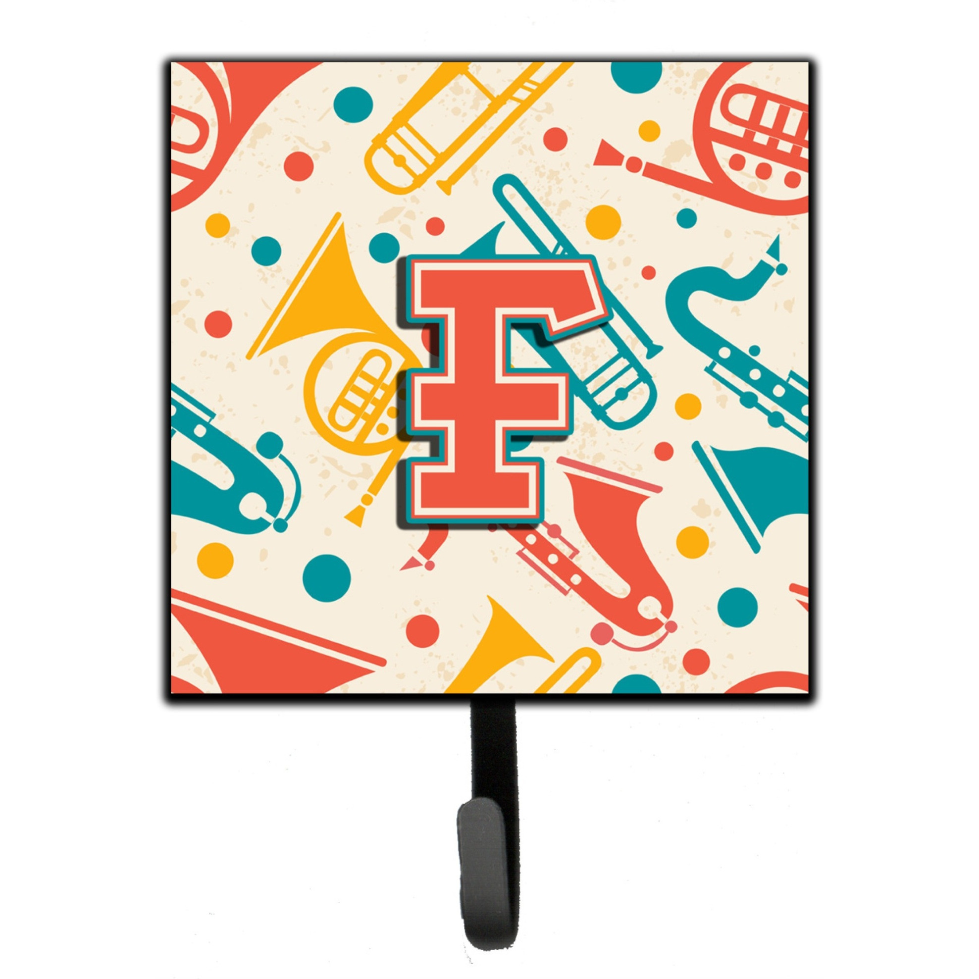 &quotCaroline's Treasures CJ2001-FSH4 Letter F Retro Teal Orange Musical Instruments Initial Leash or Key Holder, Small, Multicolor"