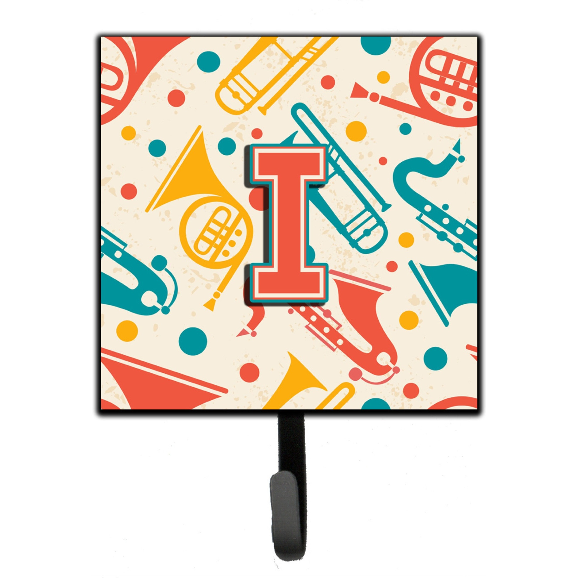 &quotCaroline's Treasures CJ2001-ISH4 Letter I Retro Teal Orange Musical Instruments Initial Leash or Key Holder, Small, Multicolor"