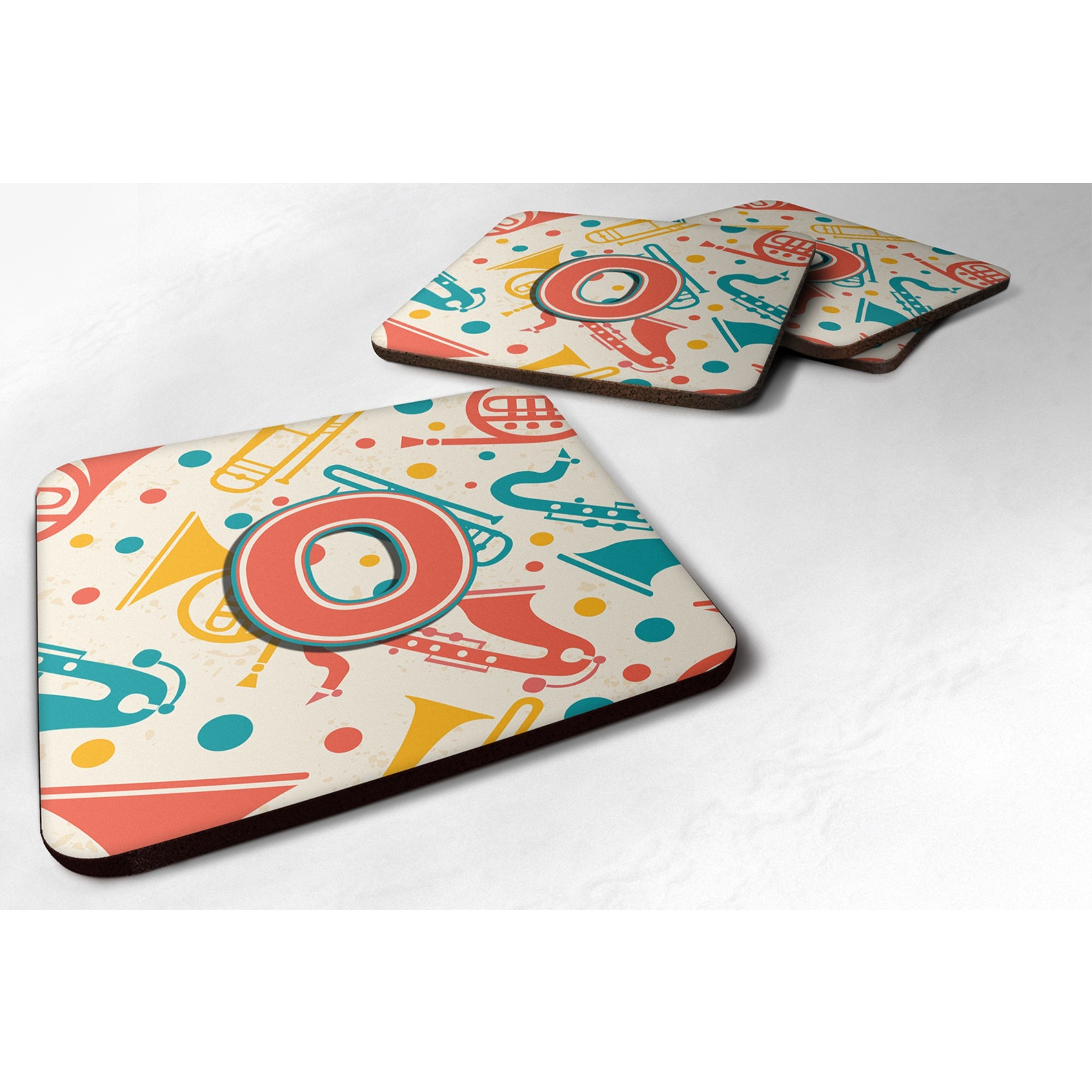 &quotCaroline's Treasures CJ2001-OFC Letter O Retro Teal Orange Musical Instruments Initial Foam Coasters (Set of 4), 3.5"", Multicolor"
