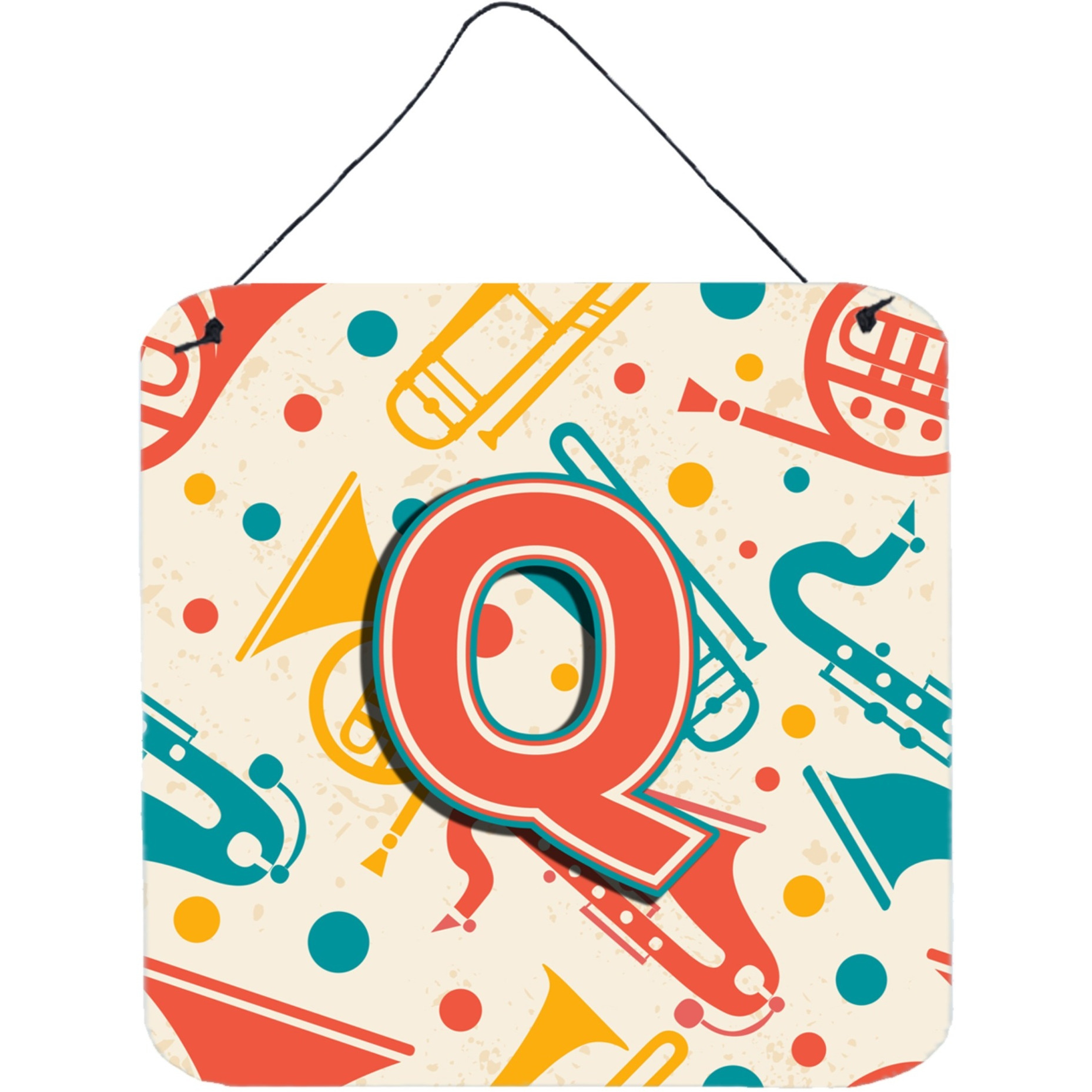 &quotCaroline's Treasures Letter Q Retro Teal Orange Musical Instruments Initial with Wall or Door Hanging Prints, 6 x 6"""