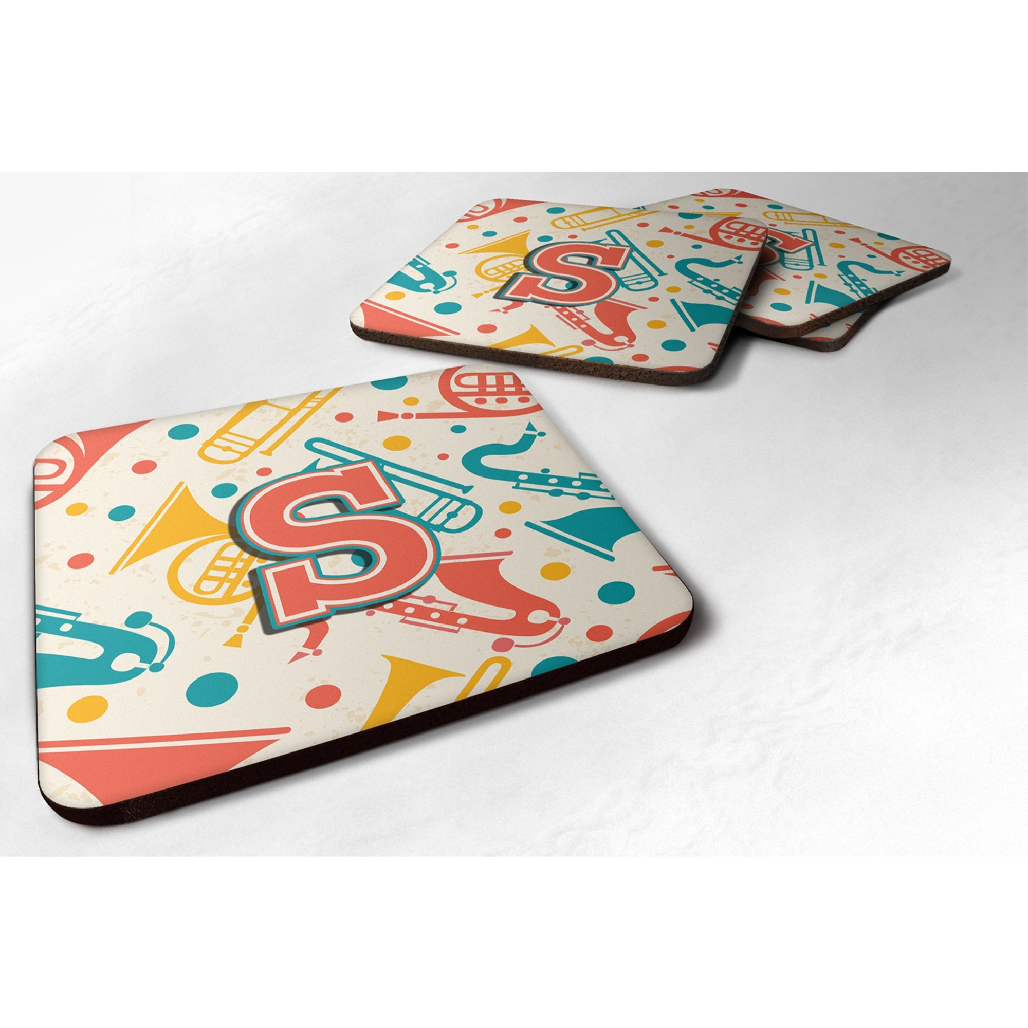 &quotCaroline's Treasures CJ2001-SFC Letter S Retro Teal Orange Musical Instruments Initial Foam Coasters (Set of 4), 3.5"", Multicolor"