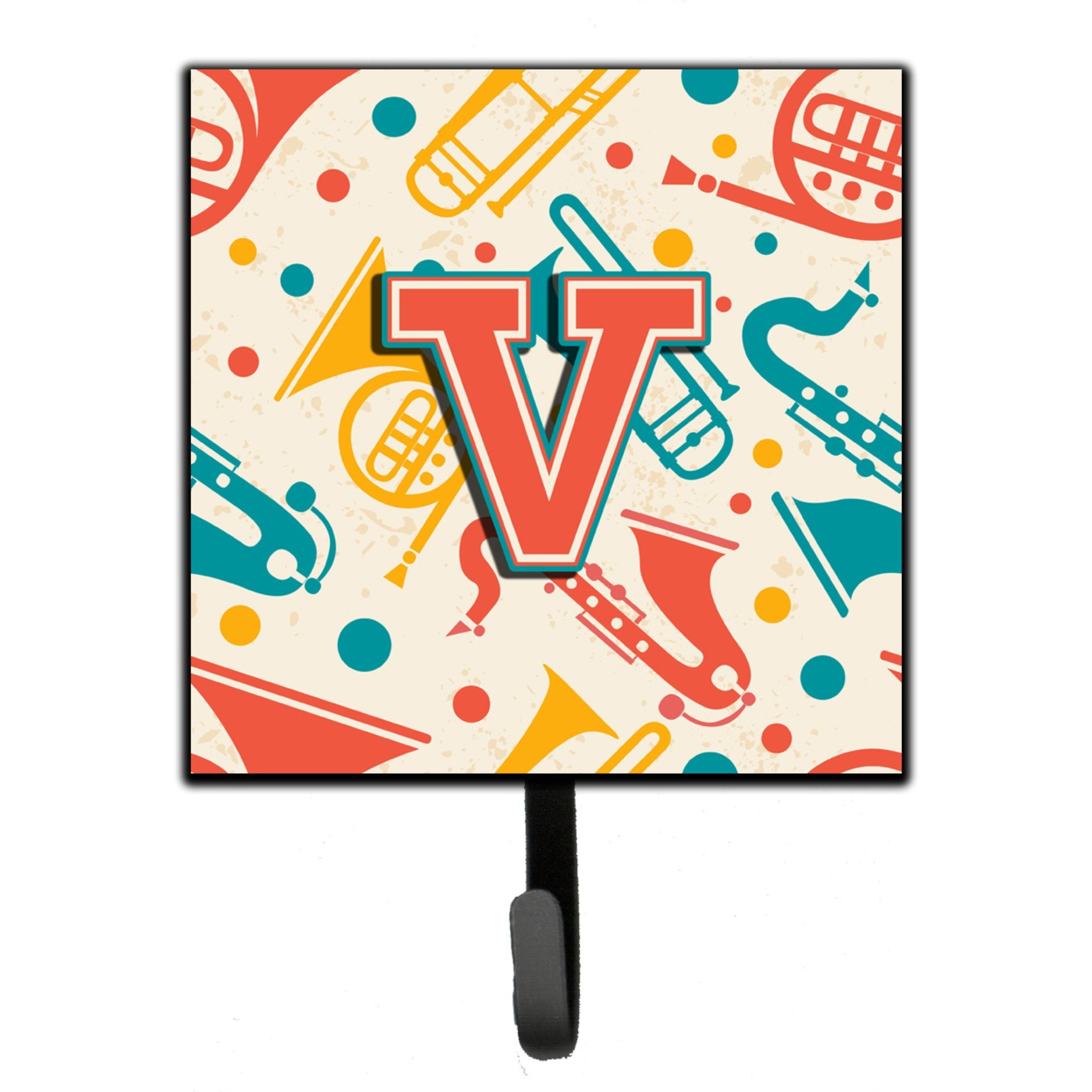 &quotCaroline's Treasures CJ2001-VSH4 Letter V Retro Teal Orange Musical Instruments Initial Leash or Key Holder, Small, Multicolor"