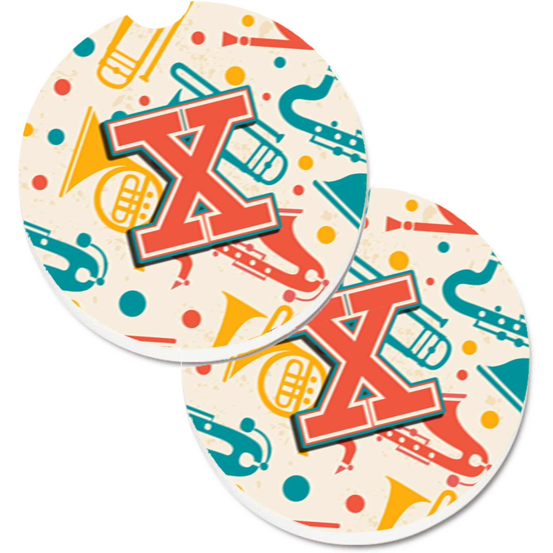 &quotCaroline's Treasures Letter x Retro Teal Orange Musical Instruments Initial Set of 2 Cup Holder Car Coasters CJ2001-XCARC, 2.56, Multicolor"