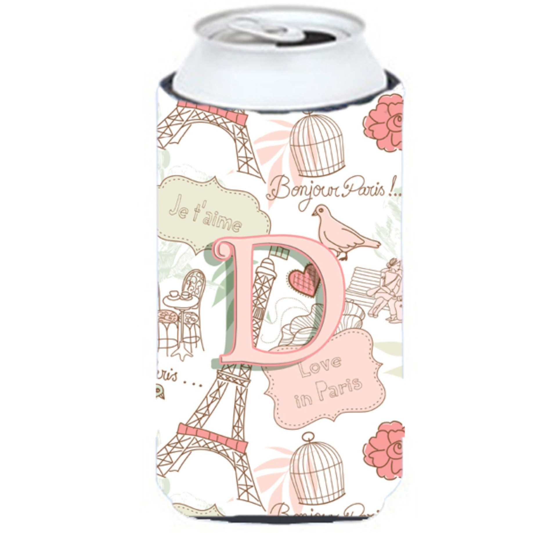 Letter D Love in Paris Pink Tall Boy Beverage Insulator Hugger CJ2002-DTBC