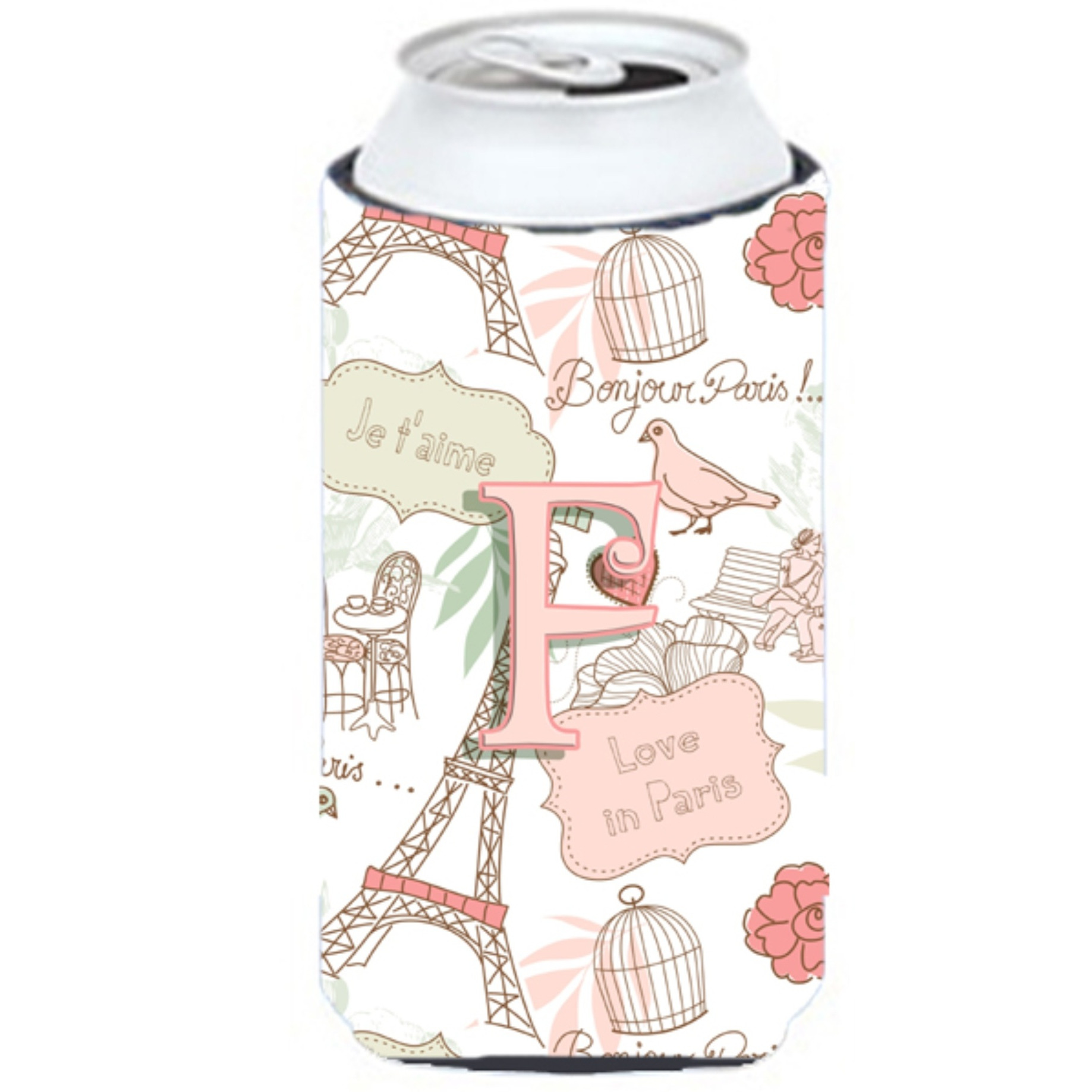 Letter F Love in Paris Pink Tall Boy Beverage Insulator Hugger CJ2002-FTBC