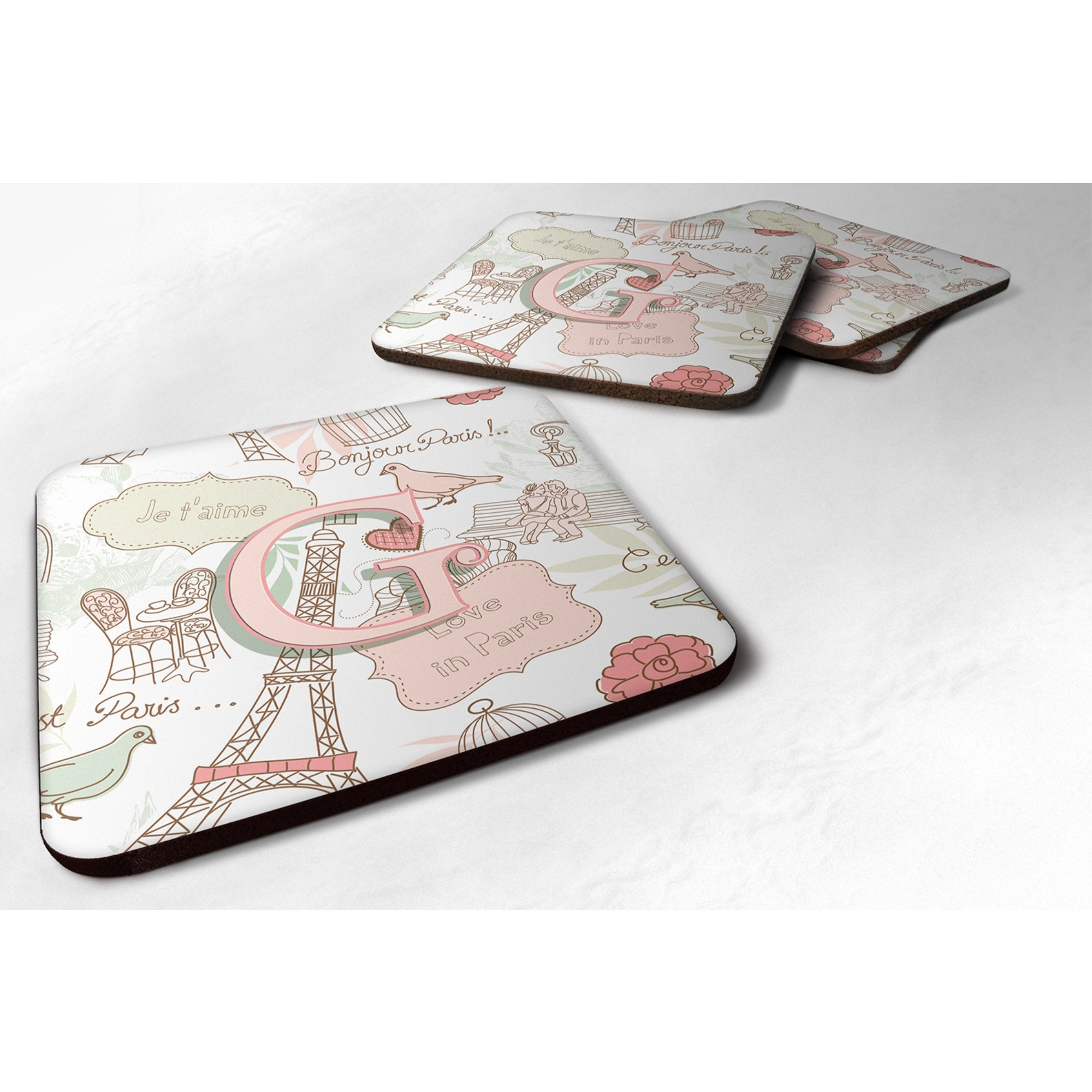 &quotCaroline's Treasures CJ2002-GFC Letter G Love in Paris Pink Foam Coasters (Set of 4), 3.5"", Multicolor"