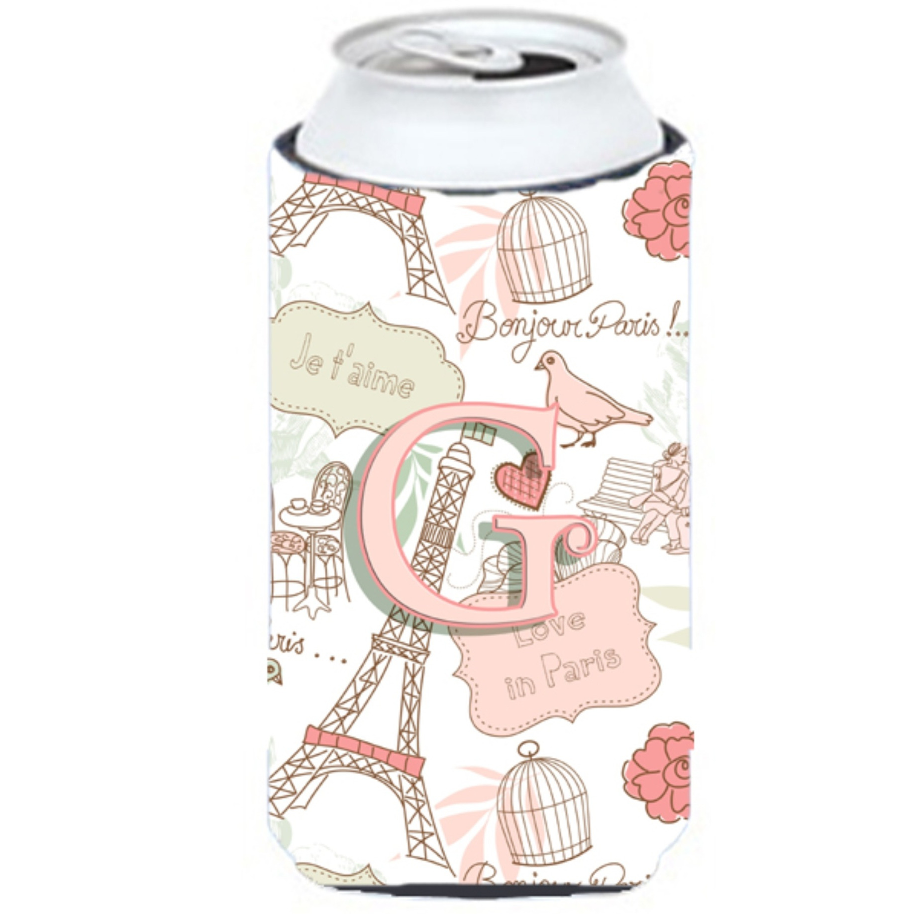 Letter G Love in Paris Pink Tall Boy Beverage Insulator Hugger CJ2002-GTBC