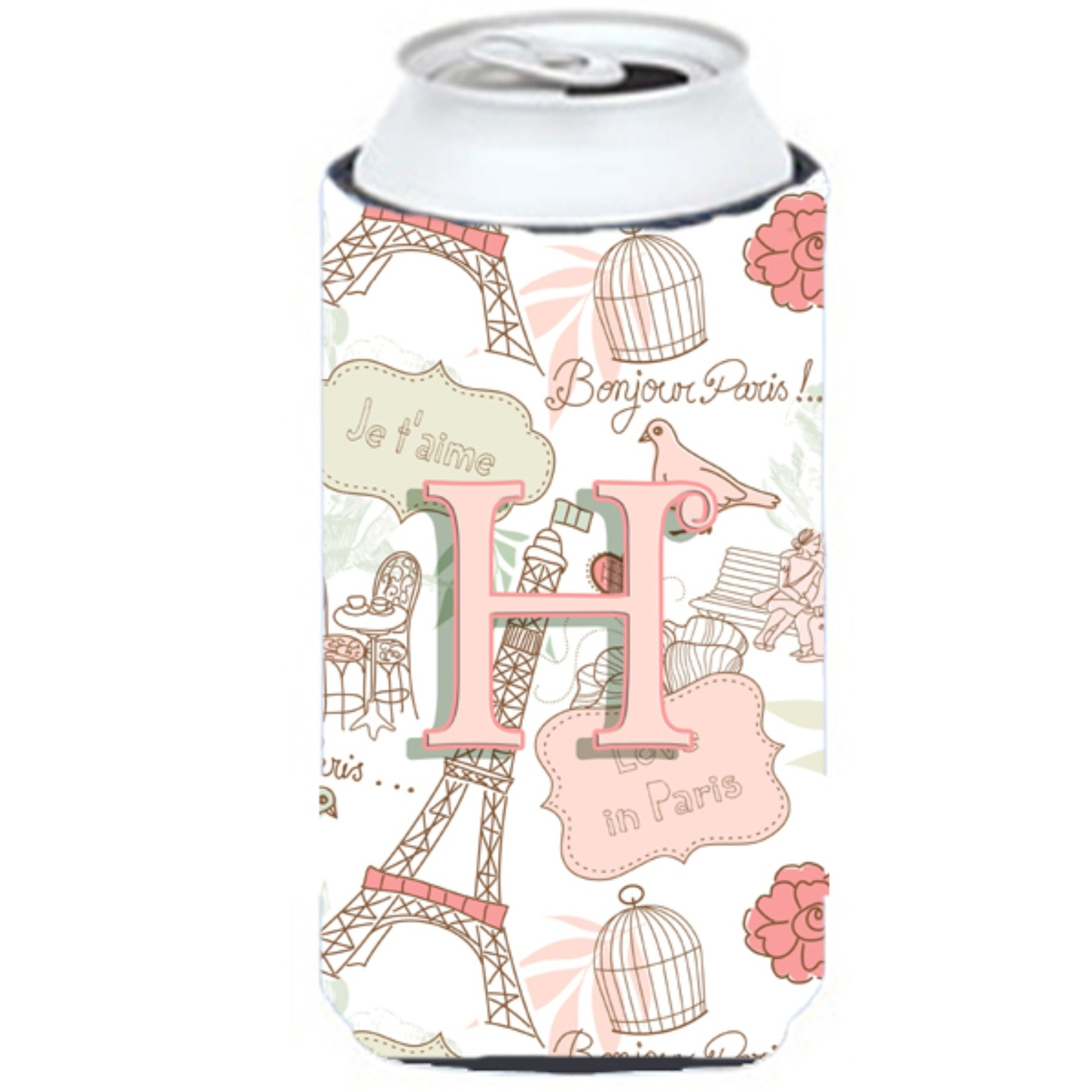 Letter H Love in Paris Pink Tall Boy Beverage Insulator Hugger CJ2002-HTBC