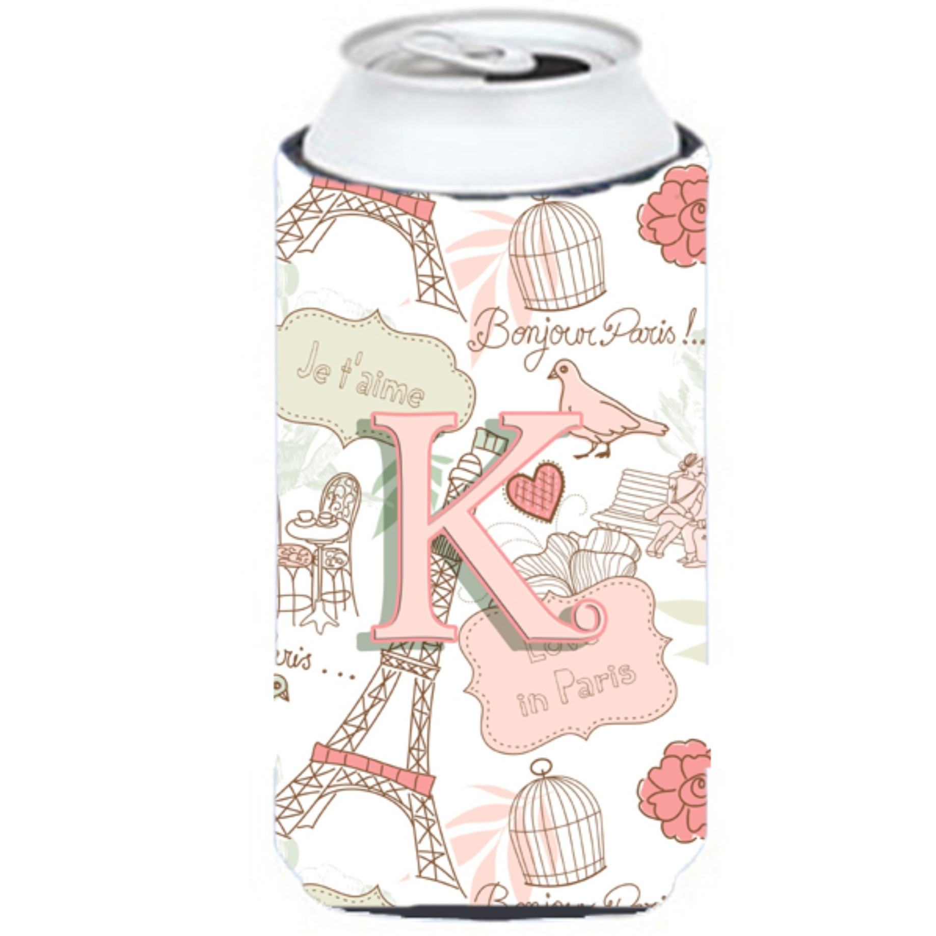 Letter K Love in Paris Pink Tall Boy Beverage Insulator Hugger CJ2002-KTBC