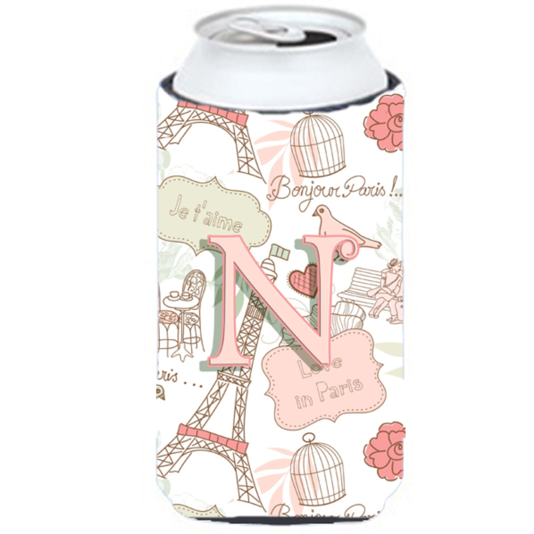 Letter N Love in Paris Pink Tall Boy Beverage Insulator Hugger CJ2002-NTBC
