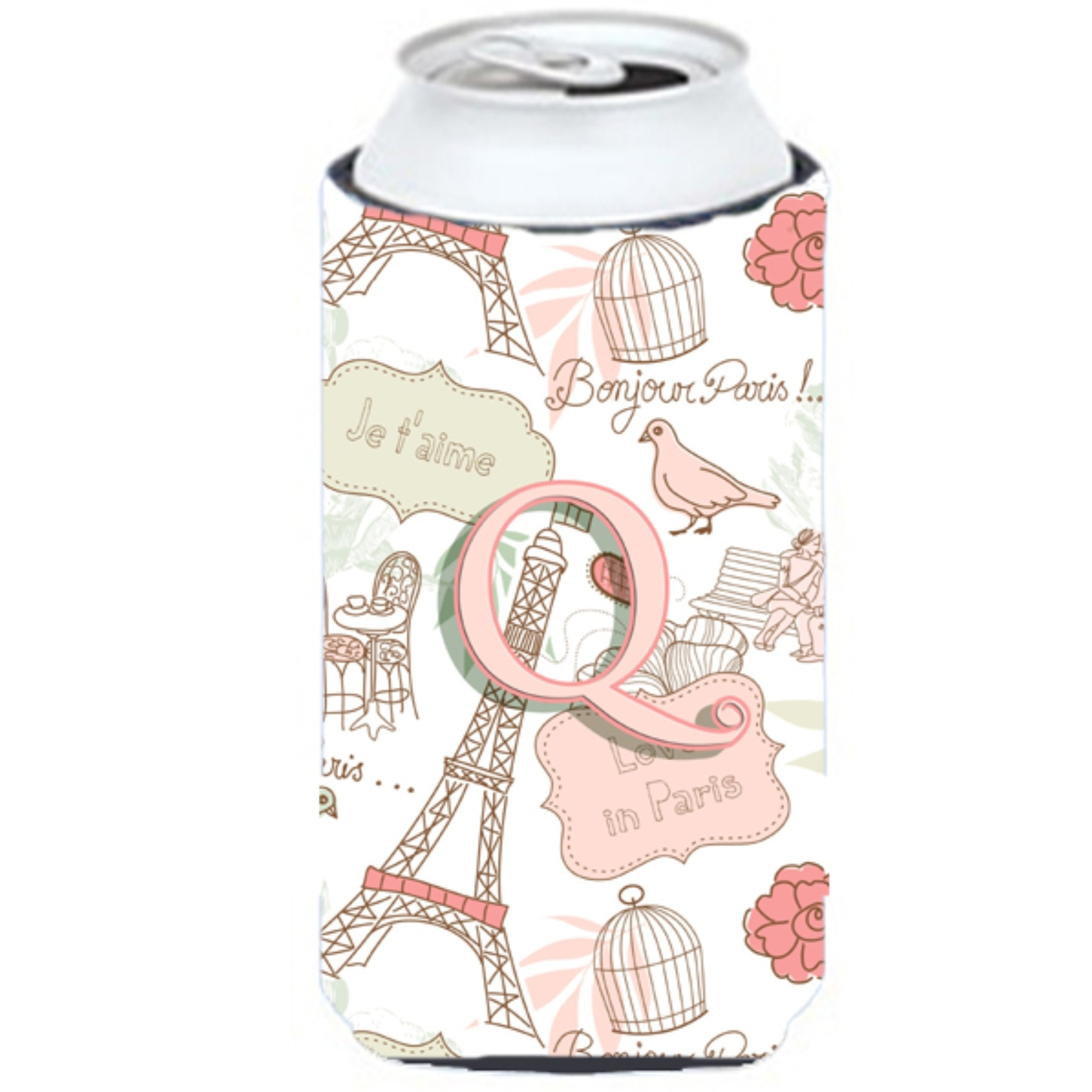 Letter Q Love in Paris Pink Tall Boy Beverage Insulator Hugger CJ2002-QTBC