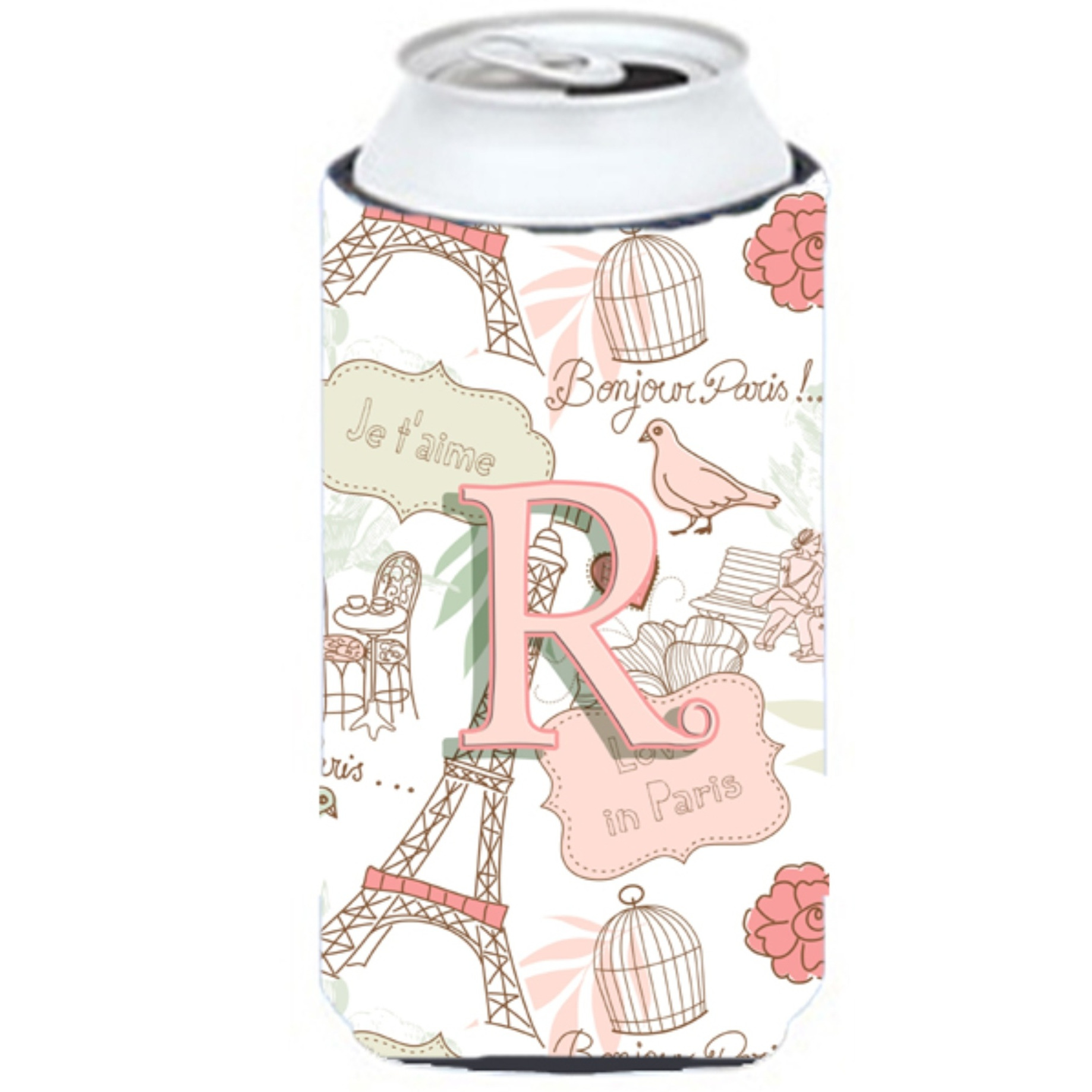 Letter R Love in Paris Pink Tall Boy Beverage Insulator Hugger CJ2002-RTBC
