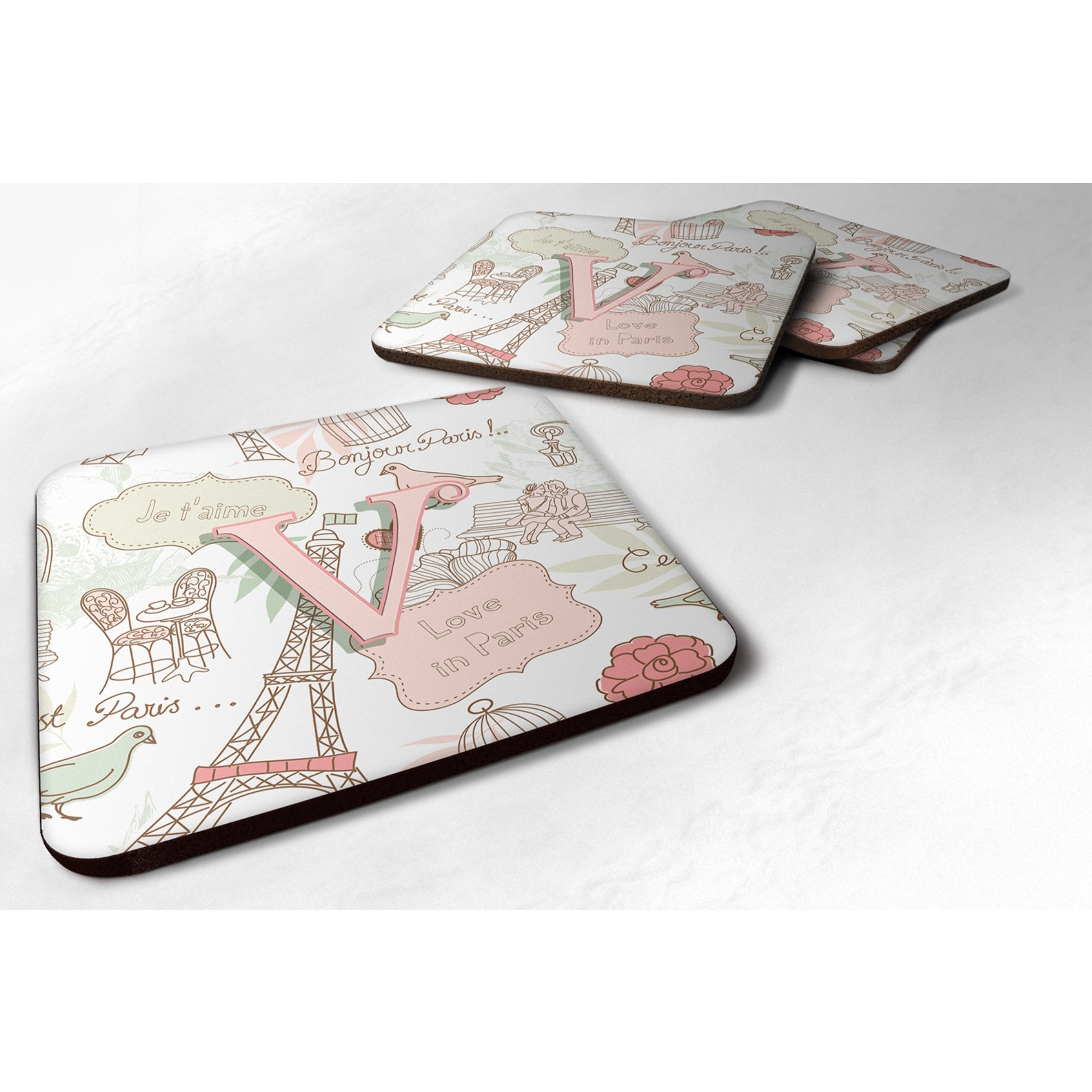 &quotCaroline's Treasures CJ2002-VFC Letter V Love in Paris Pink Foam Coasters (Set of 4), 3.5"", Multicolor"