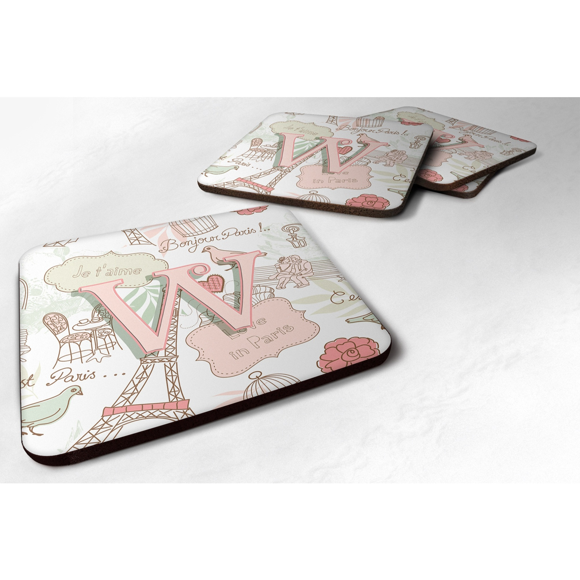 &quotCaroline's Treasures CJ2002-WFC Letter W Love in Paris Pink Foam Coasters (Set of 4), 3.5"", Multicolor"