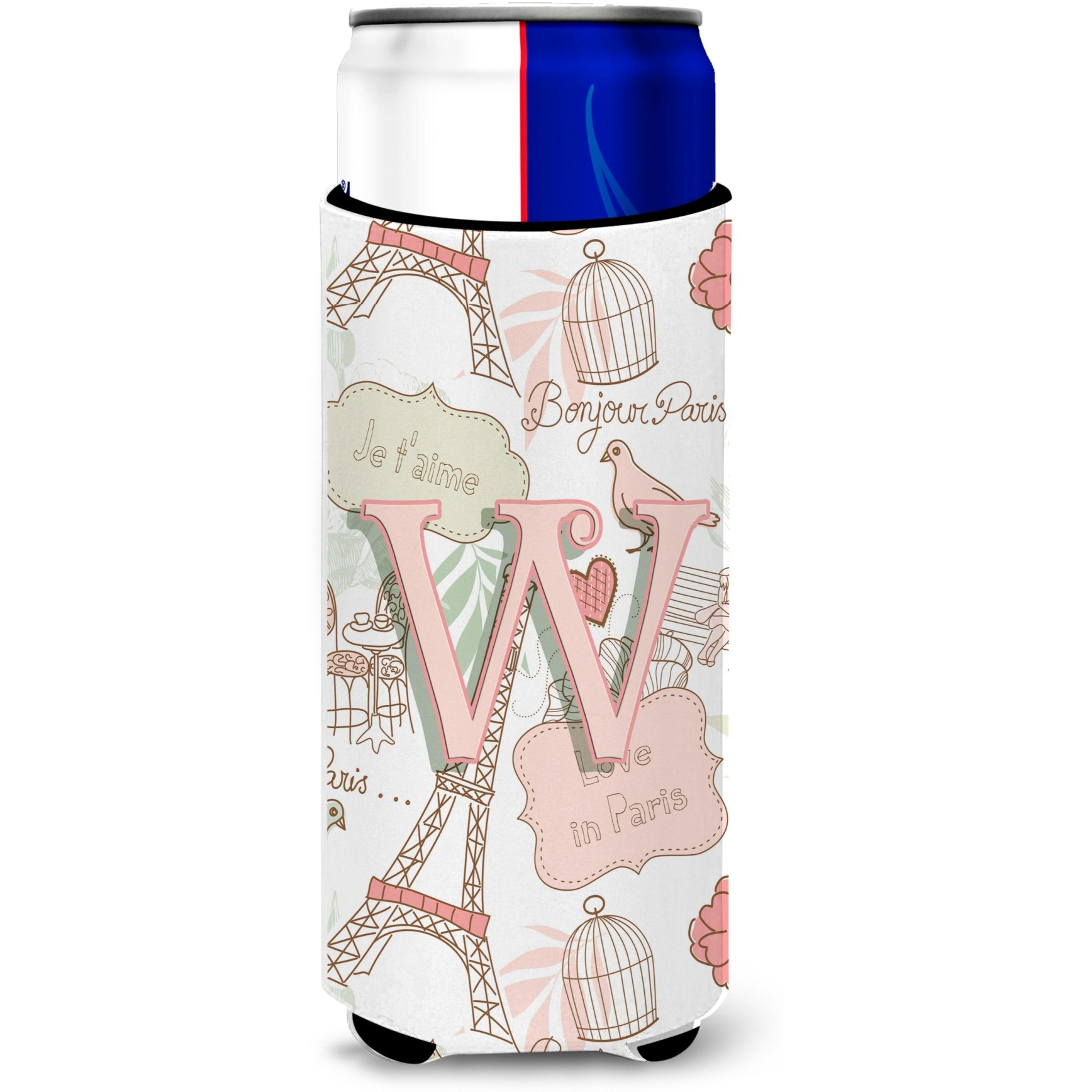 Letter W Love in Paris Pink Ultra Beverage Insulators for slim cans CJ2002-WMUK