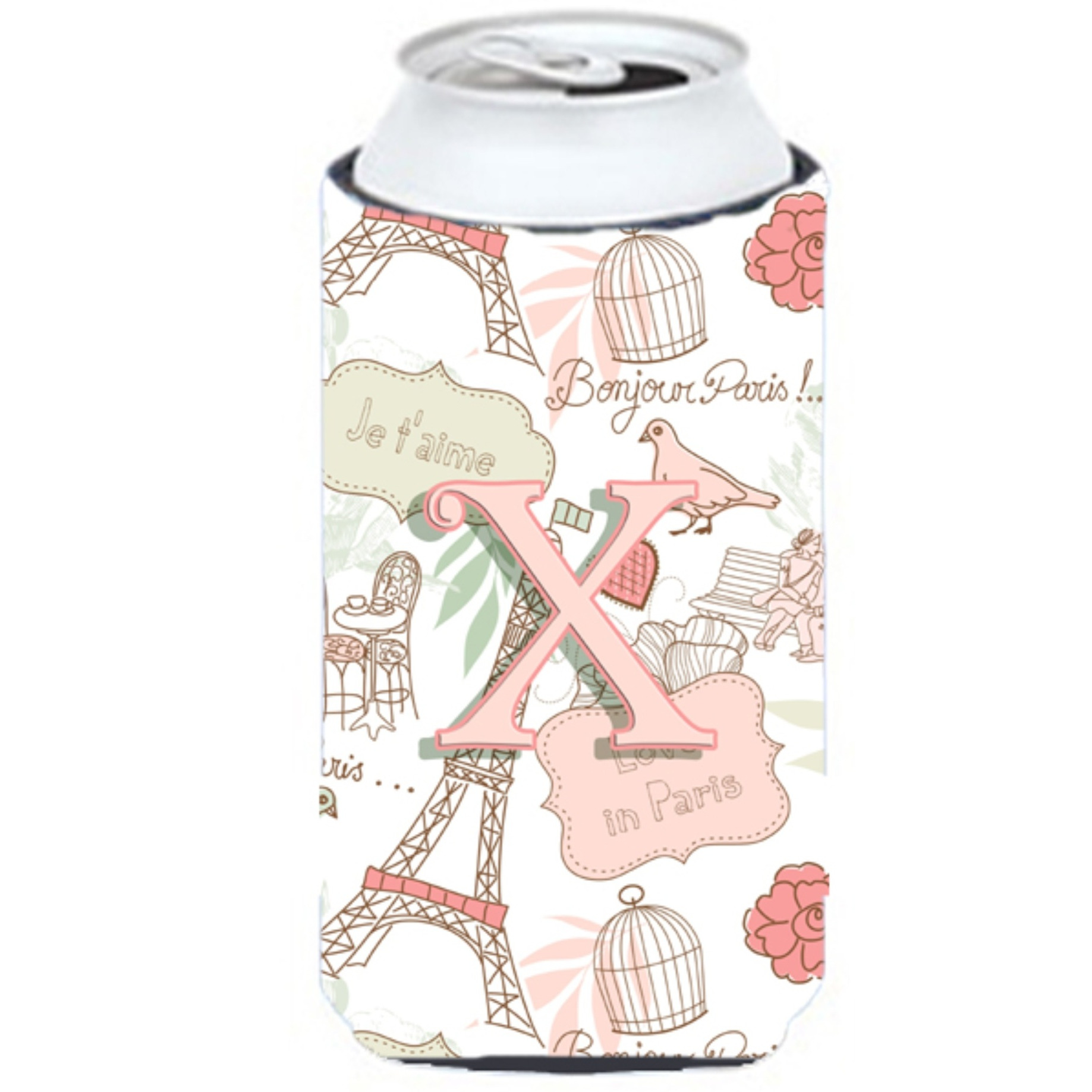 Letter X Love in Paris Pink Tall Boy Beverage Insulator Hugger CJ2002-XTBC