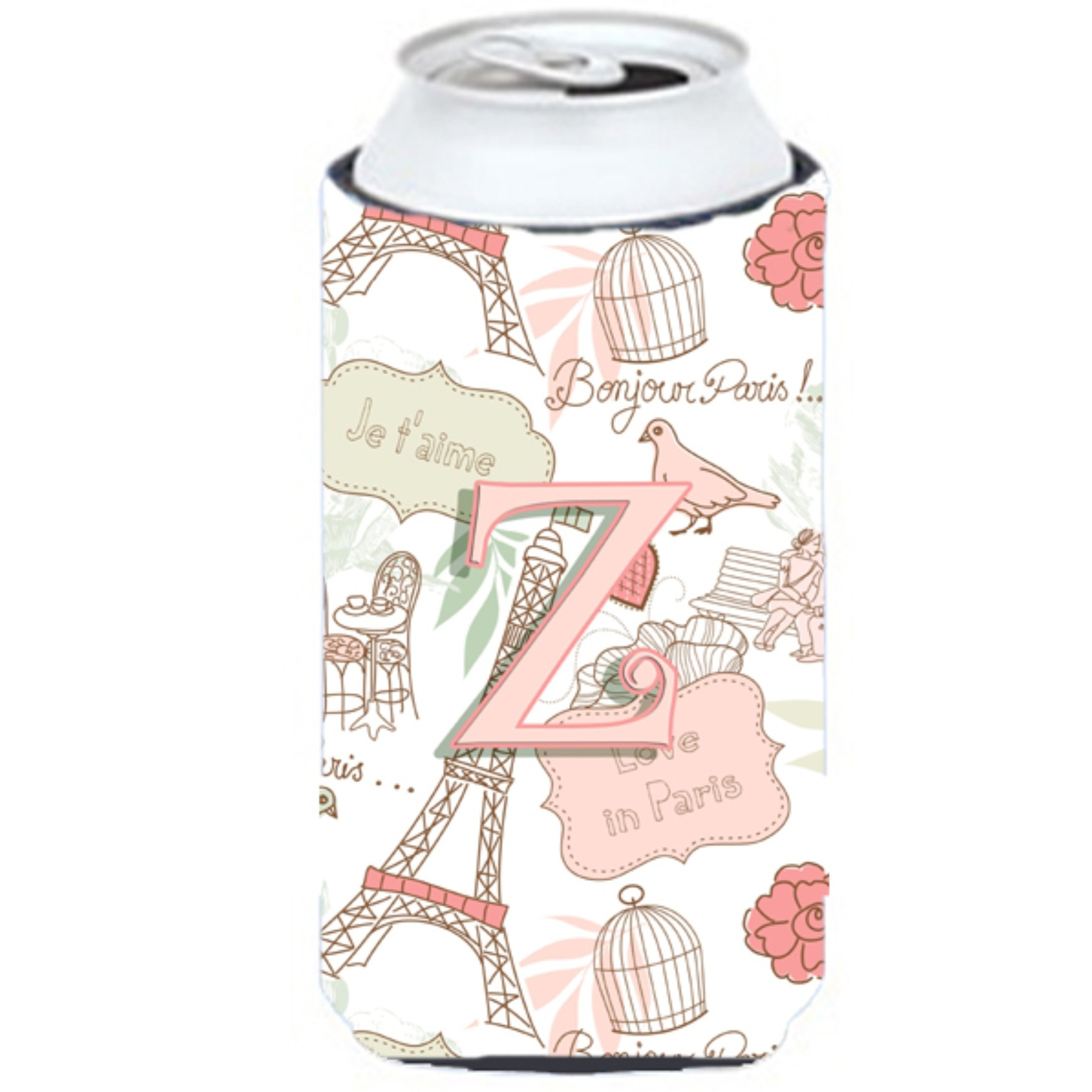 Letter Z Love in Paris Pink Tall Boy Beverage Insulator Hugger CJ2002-ZTBC