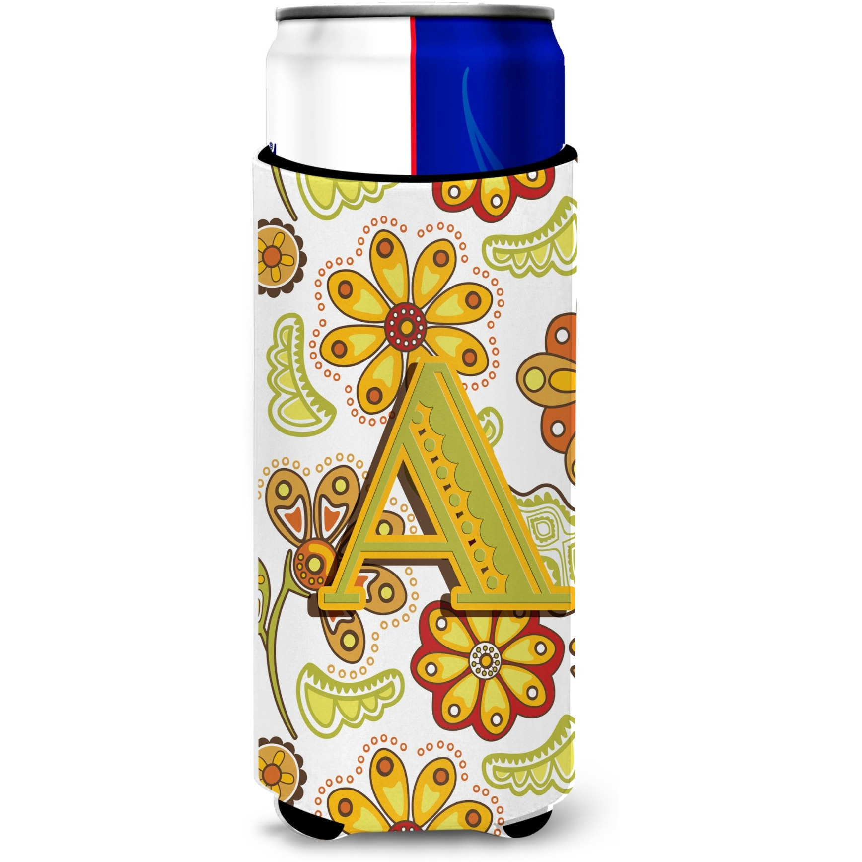 Letter A Floral Mustard and Green Ultra Beverage Insulators for slim cans CJ2003-AMUK