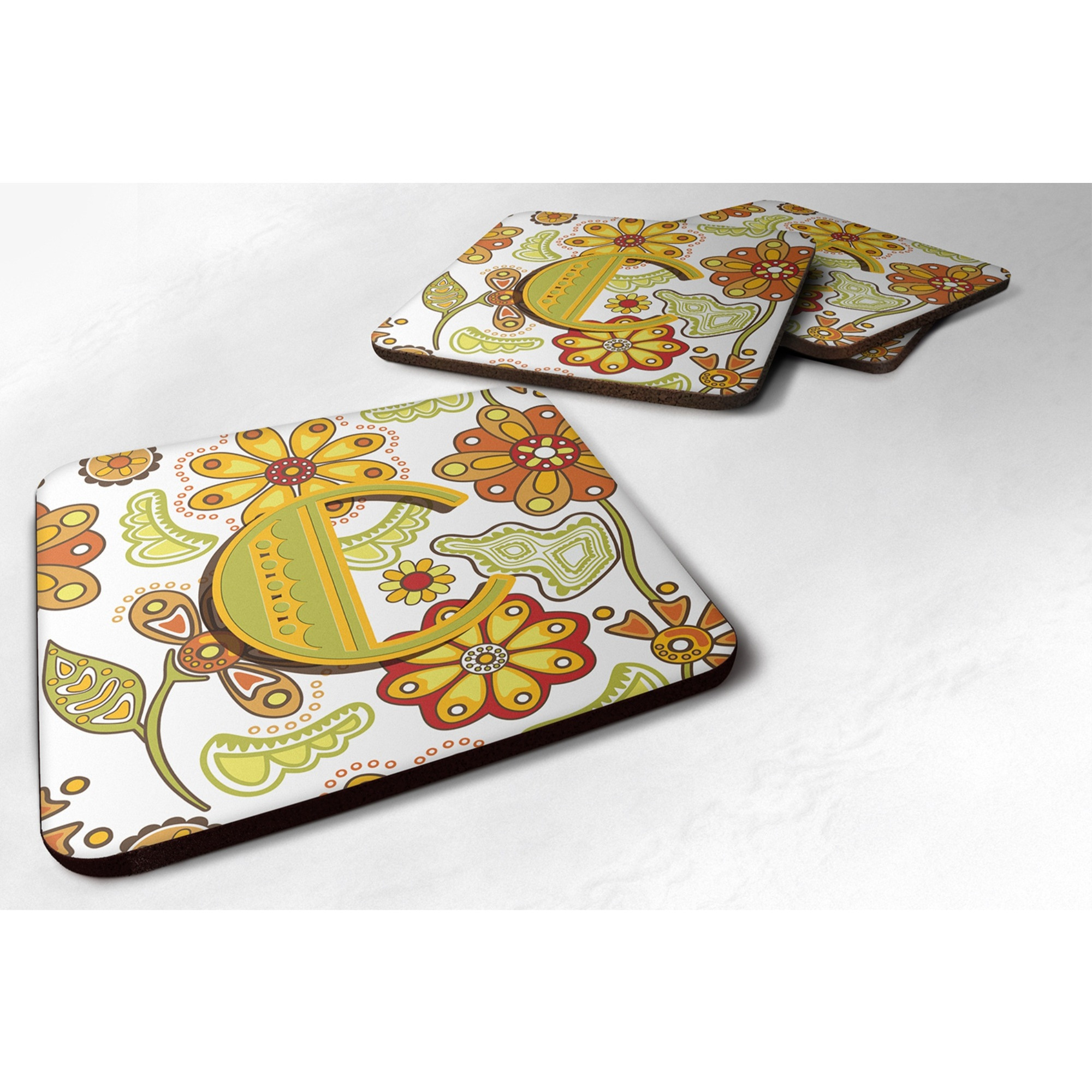 &quotCaroline's Treasures CJ2003-CFC Letter C Floral Mustard and Green Foam Coasters (Set of 4), 3.5"", Multicolor"