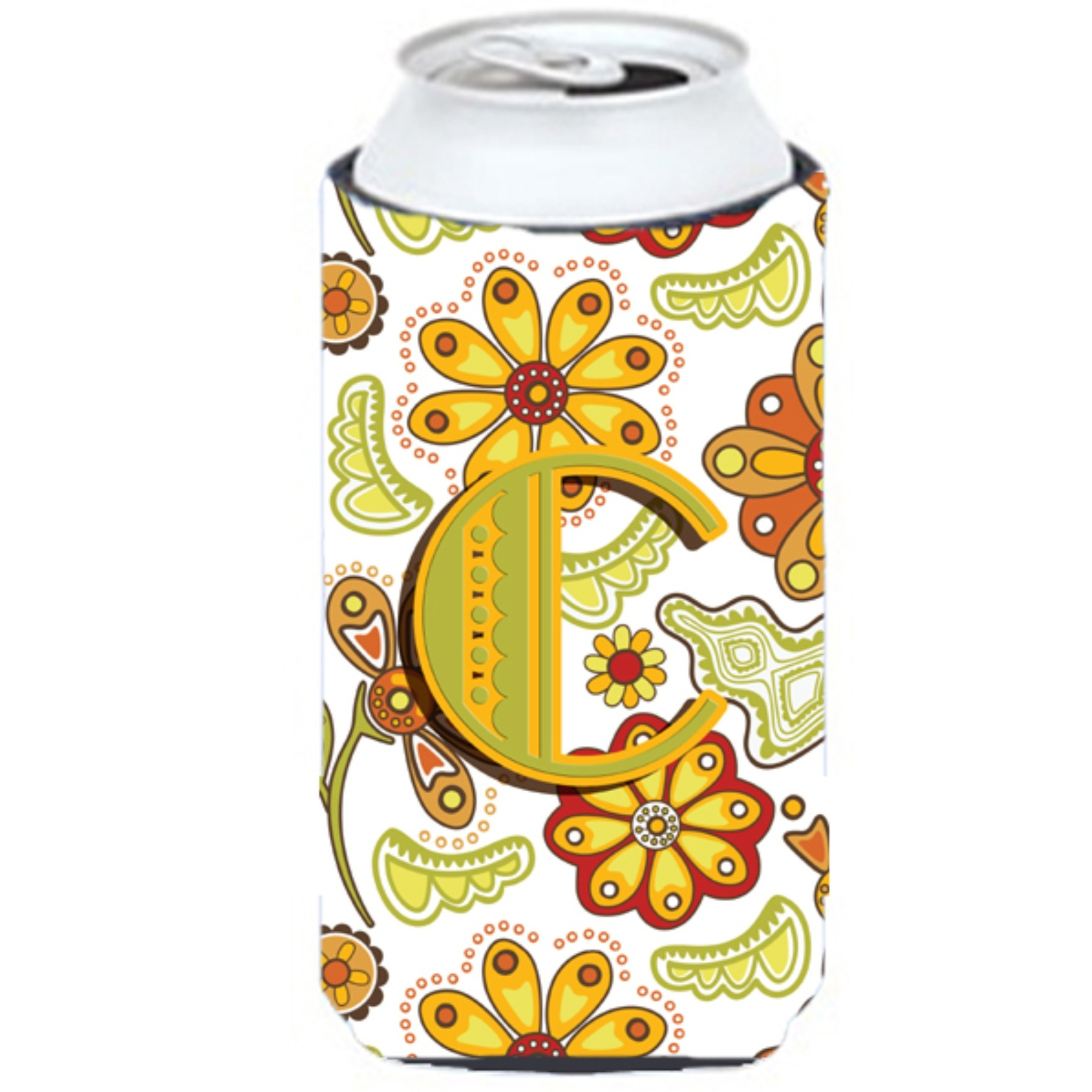 Letter C Floral Mustard and Green Tall Boy Beverage Insulator Hugger CJ2003-CTBC