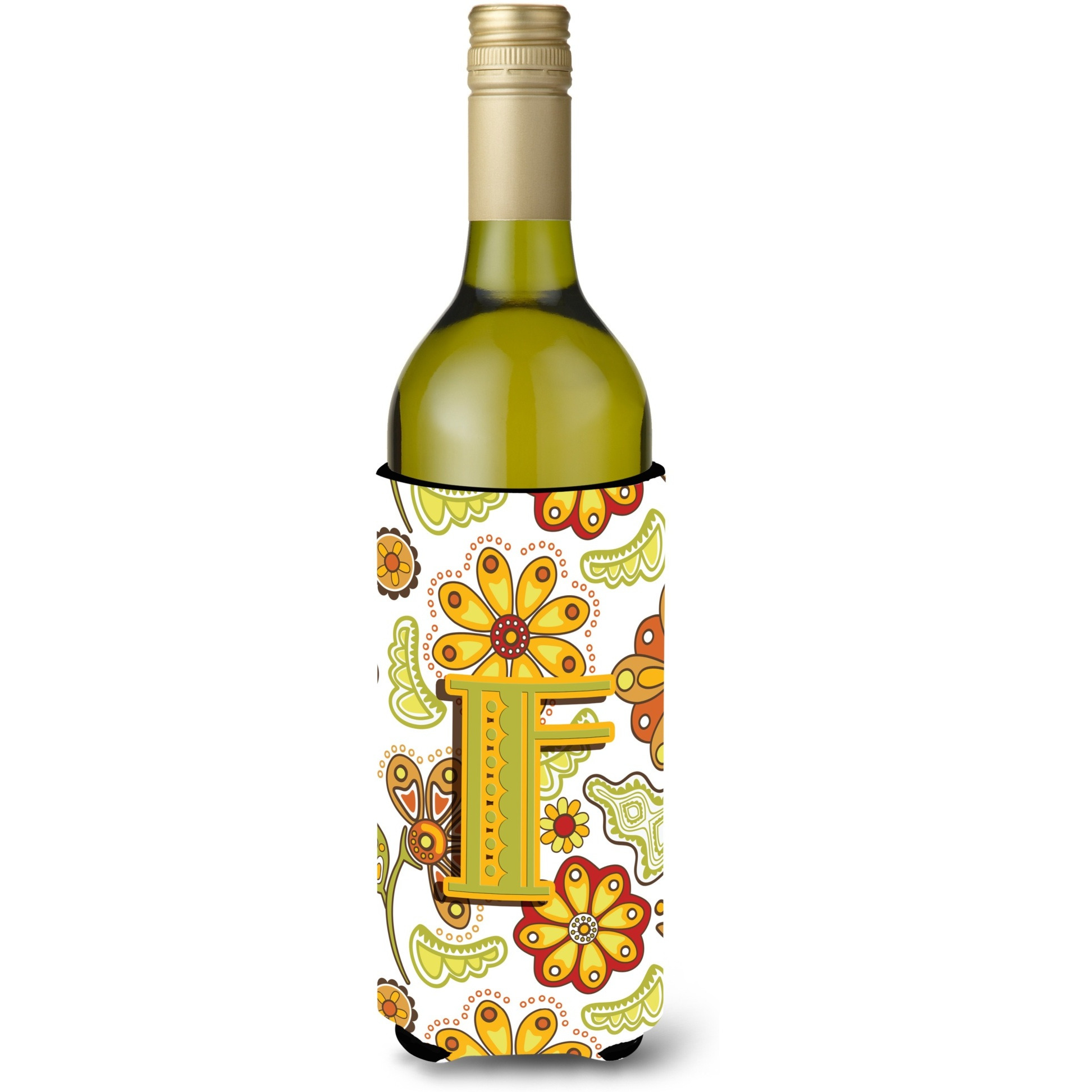 Letter F Floral Mustard and Green Wine Bottle Beverage Insulator Hugger CJ2003-FLITERK