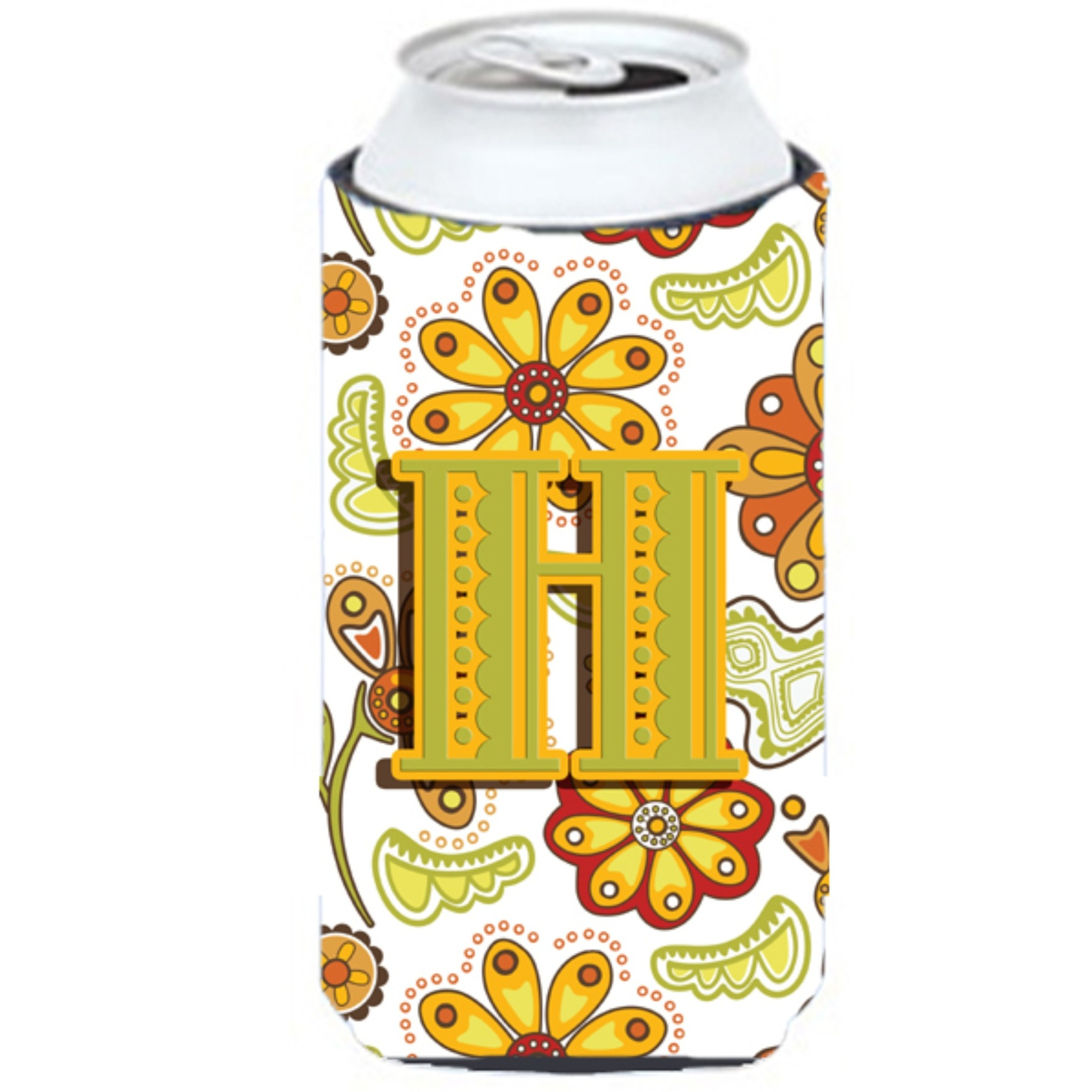 Letter H Floral Mustard and Green Tall Boy Beverage Insulator Hugger CJ2003-HTBC