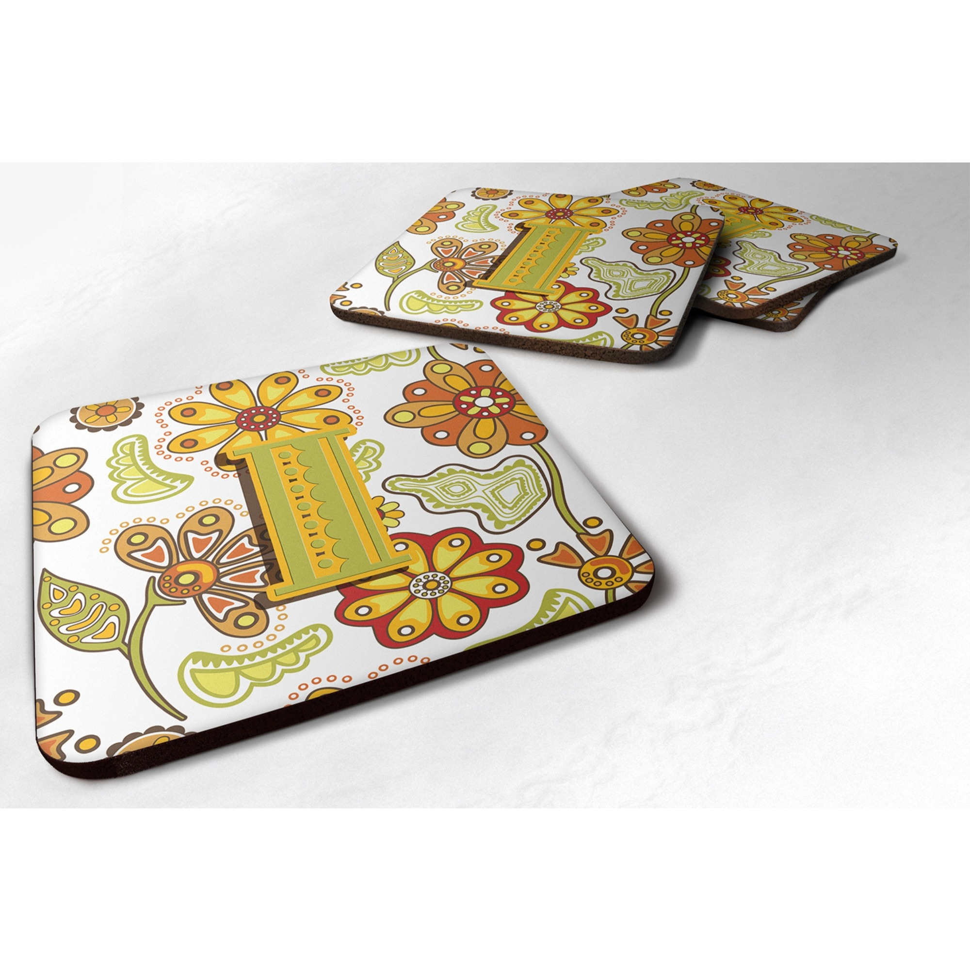 &quotCaroline's Treasures CJ2003-IFC Letter I Floral Mustard and Green Foam Coasters (Set of 4), 3.5"", Multicolor"