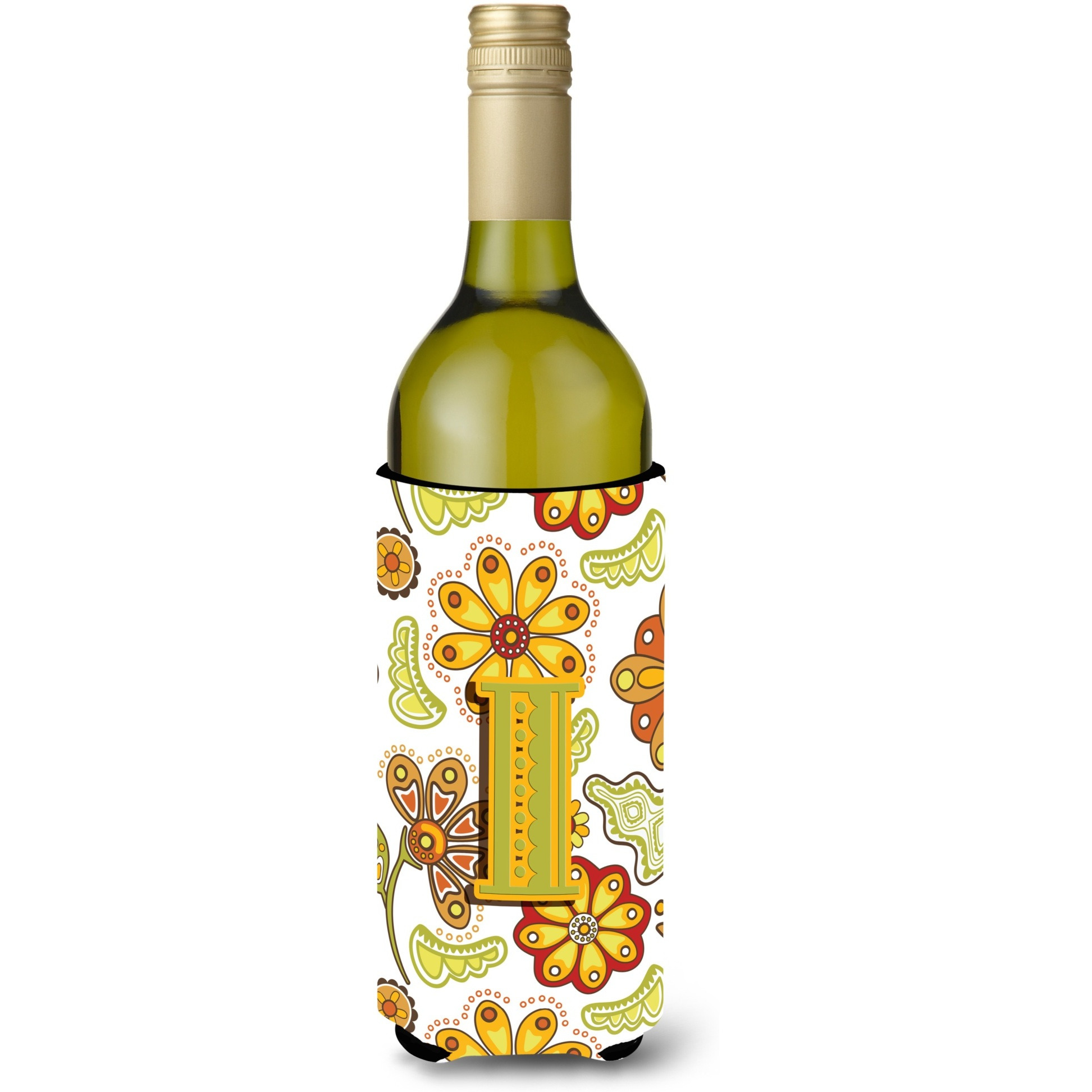 Letter I Floral Mustard and Green Wine Bottle Beverage Insulator Hugger CJ2003-ILITERK