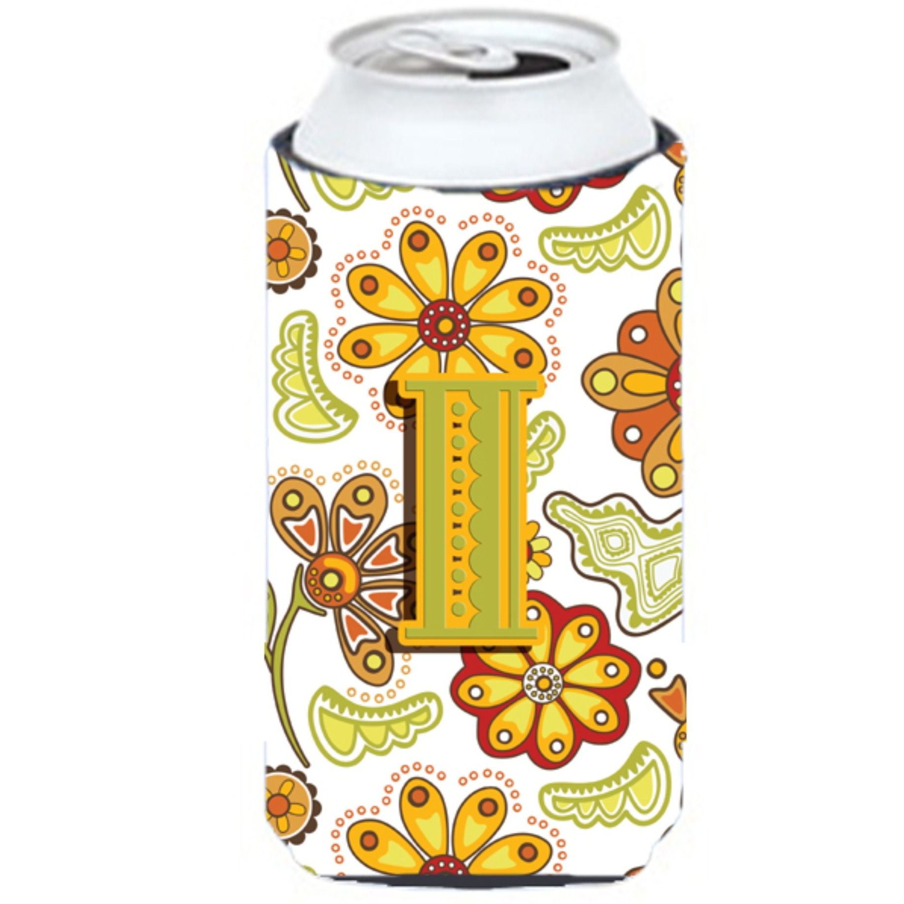 Letter I Floral Mustard and Green Tall Boy Beverage Insulator Hugger CJ2003-ITBC