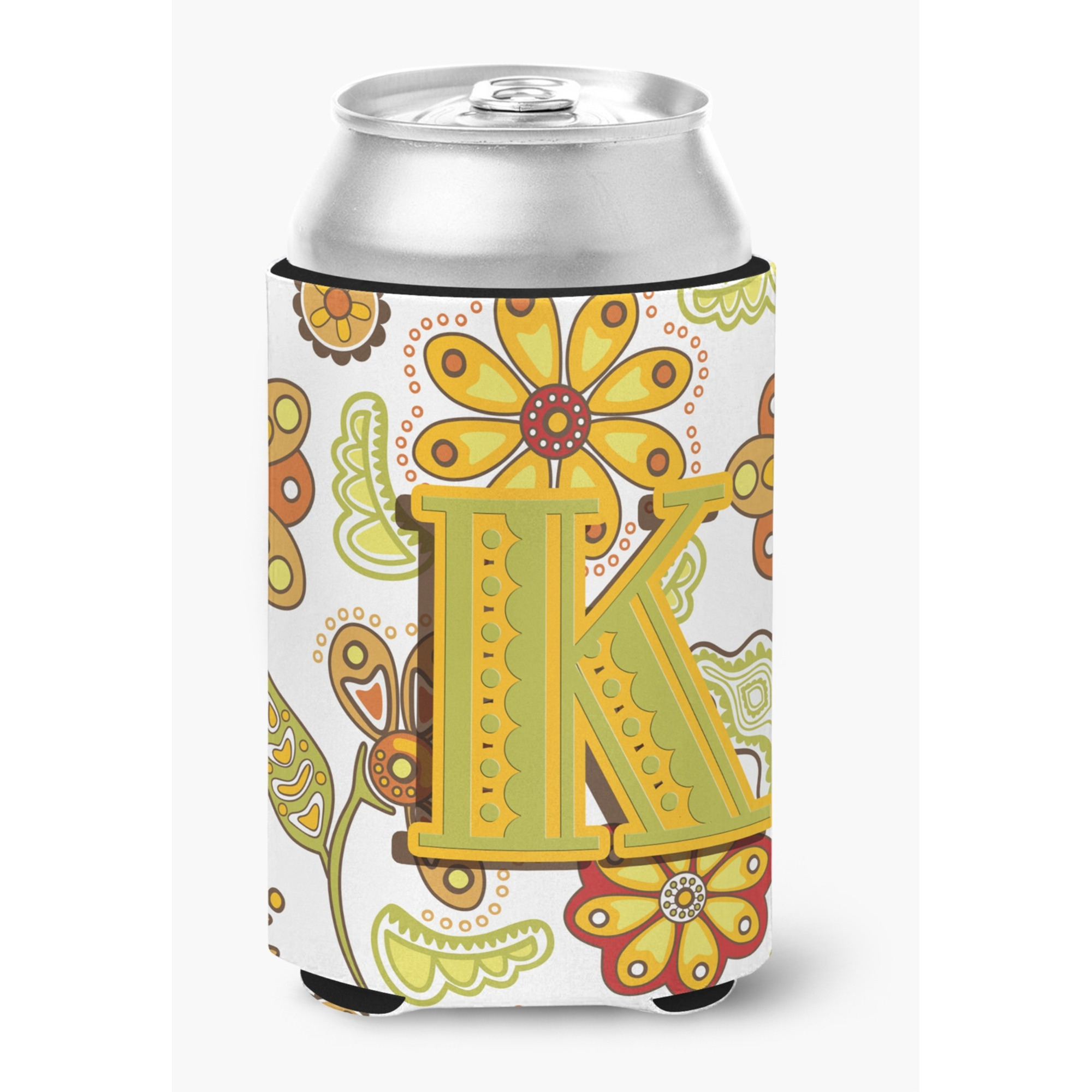 Letter K Floral Mustard and Green Can or Bottle Hugger CJ2003-KCC
