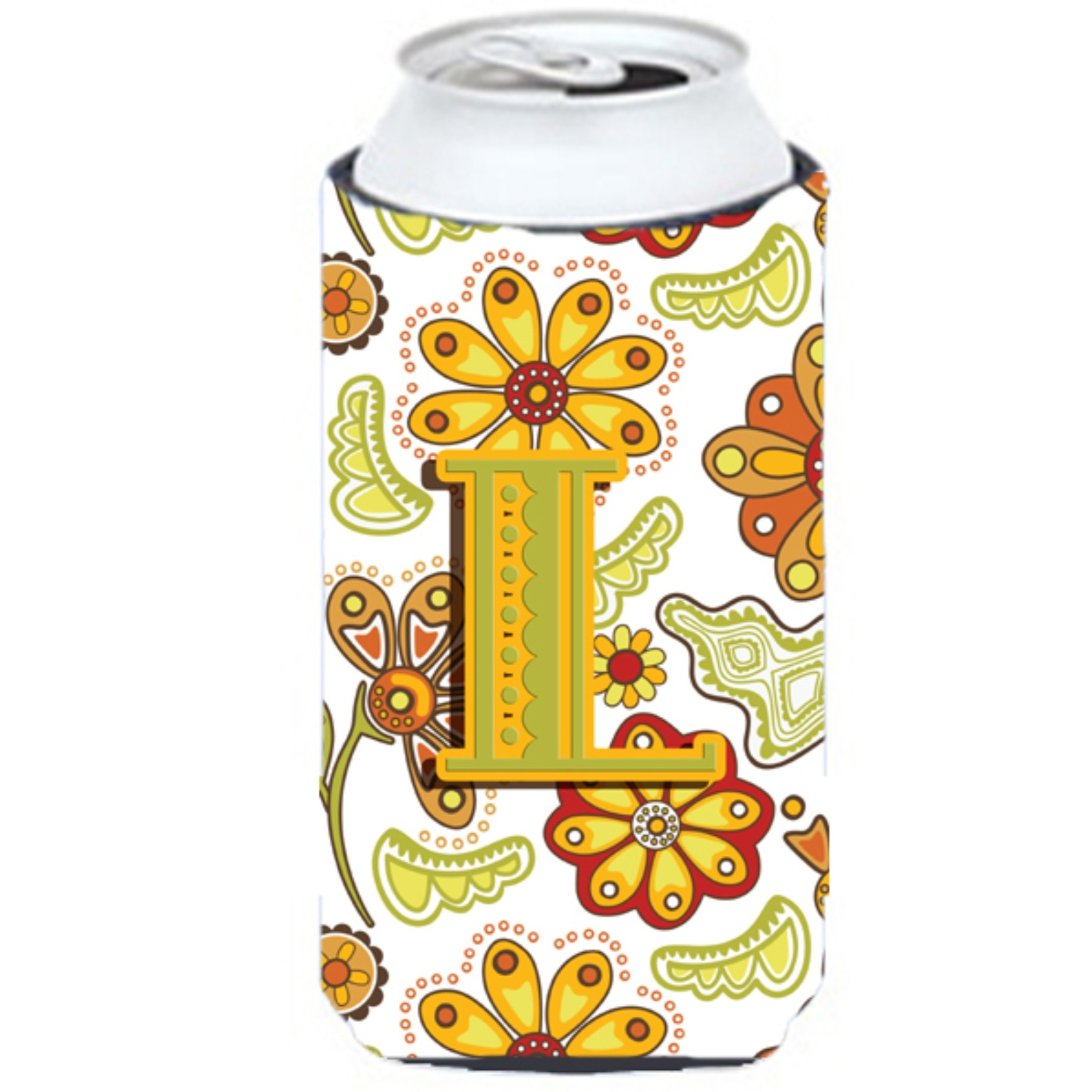 Letter L Floral Mustard and Green Tall Boy Beverage Insulator Hugger CJ2003-LTBC