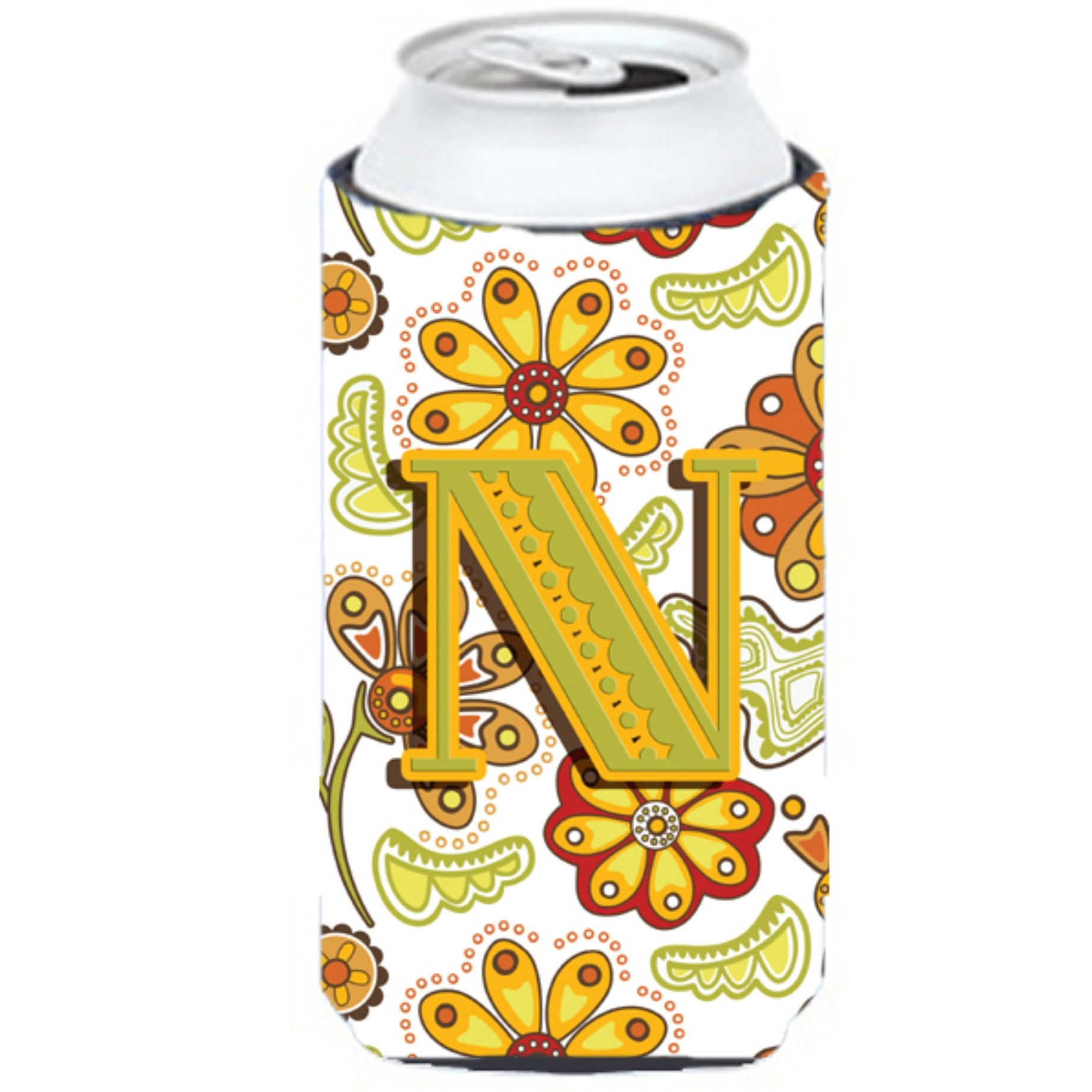 Letter N Floral Mustard and Green Tall Boy Beverage Insulator Hugger CJ2003-NTBC