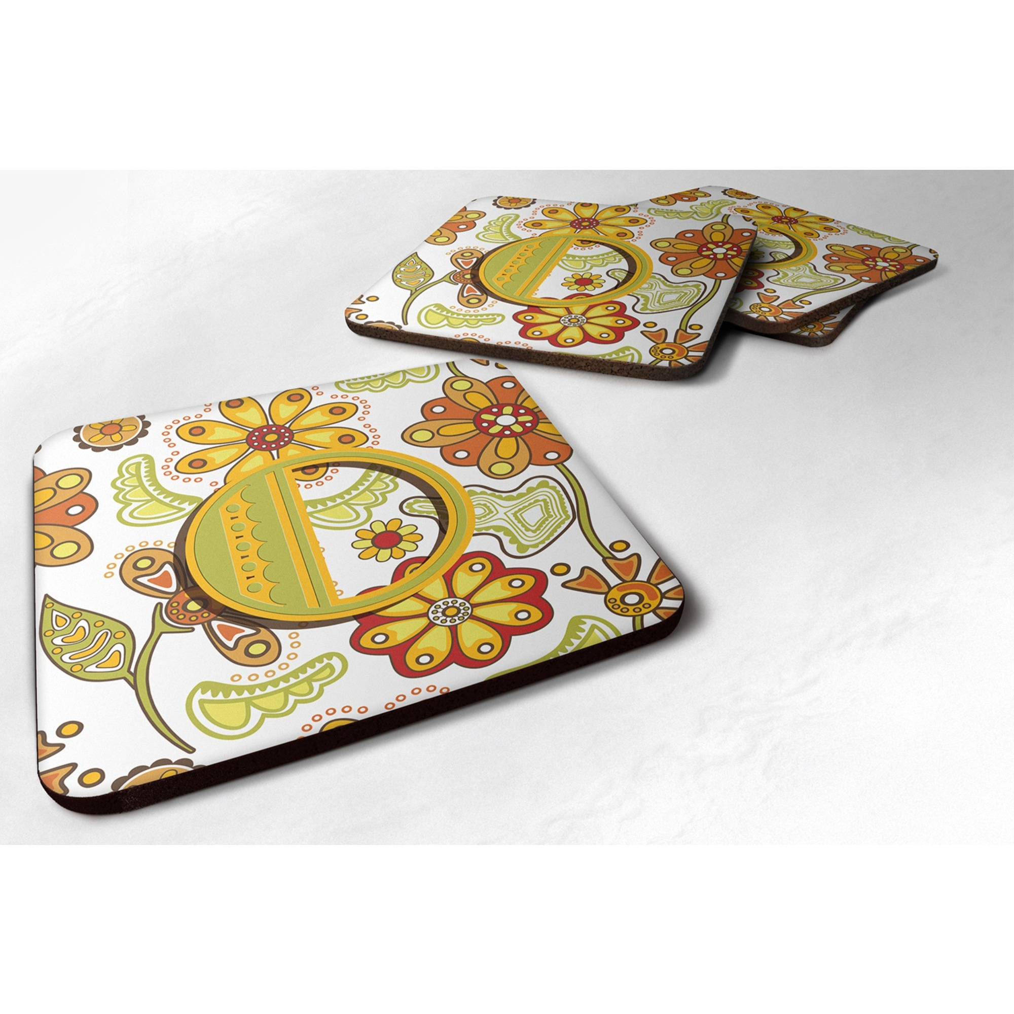 &quotCaroline's Treasures CJ2003-OFC Letter O Floral Mustard and Green Foam Coasters (Set of 4), 3.5"", Multicolor"