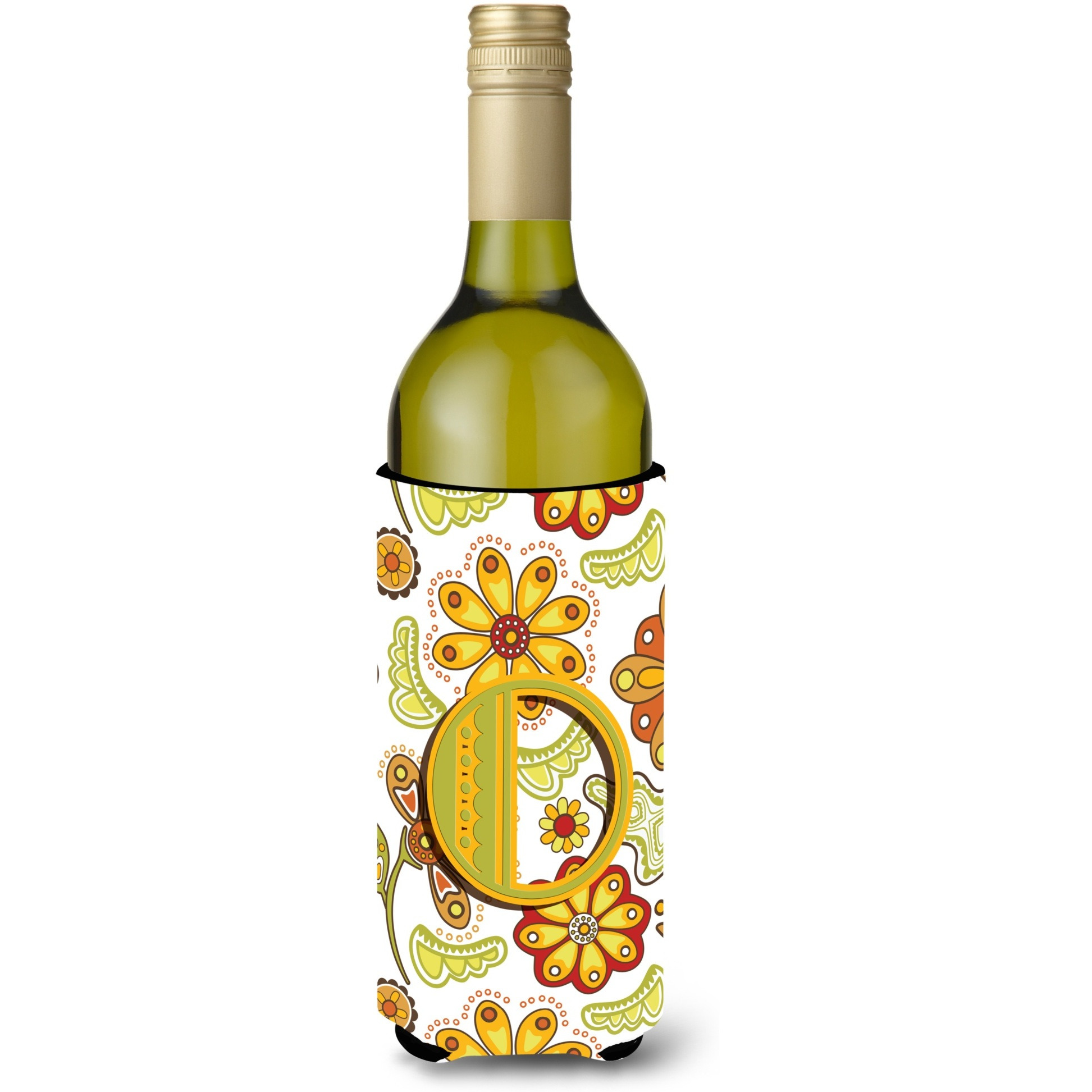Letter O Floral Mustard and Green Wine Bottle Beverage Insulator Hugger CJ2003-OLITERK