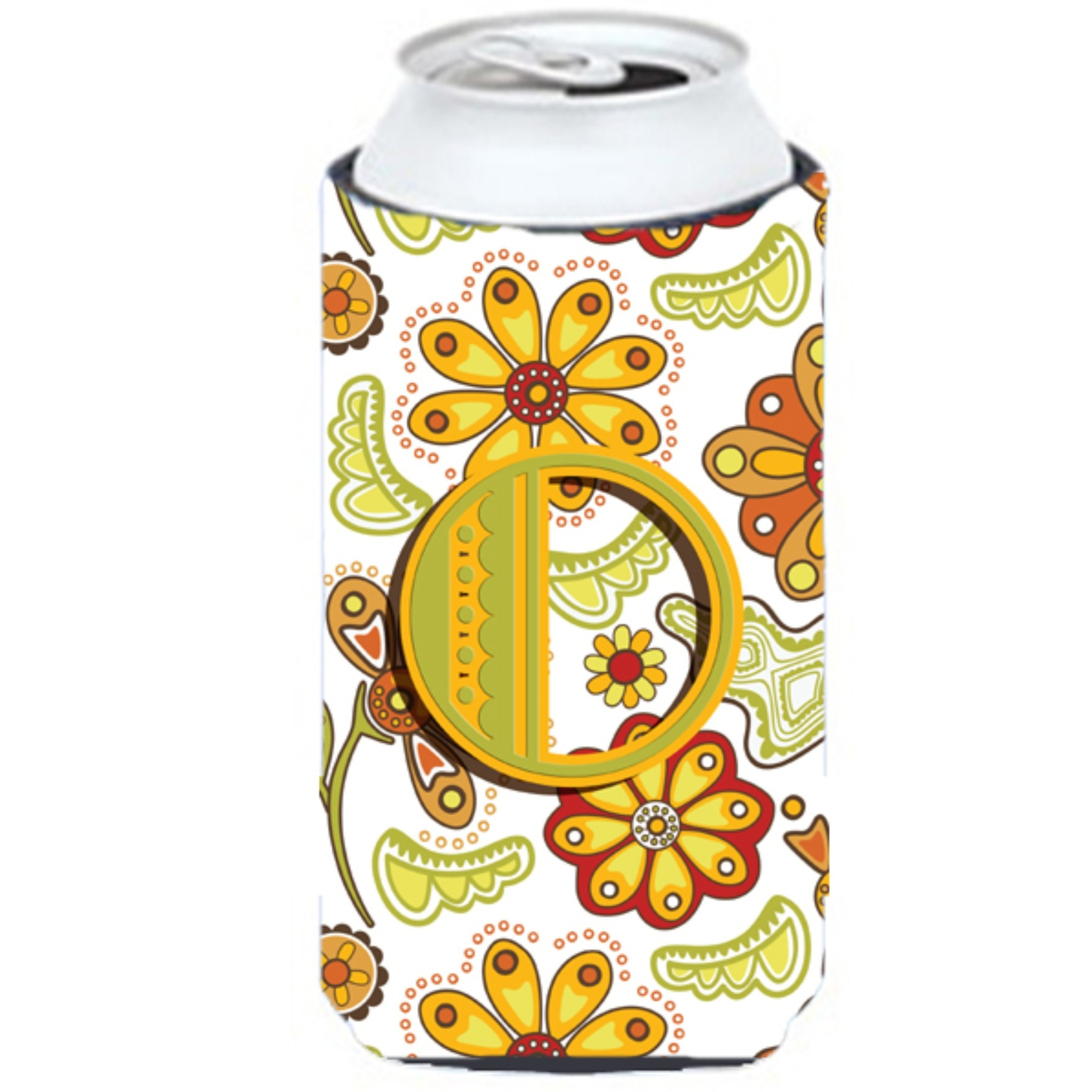 Letter O Floral Mustard and Green Tall Boy Beverage Insulator Hugger CJ2003-OTBC