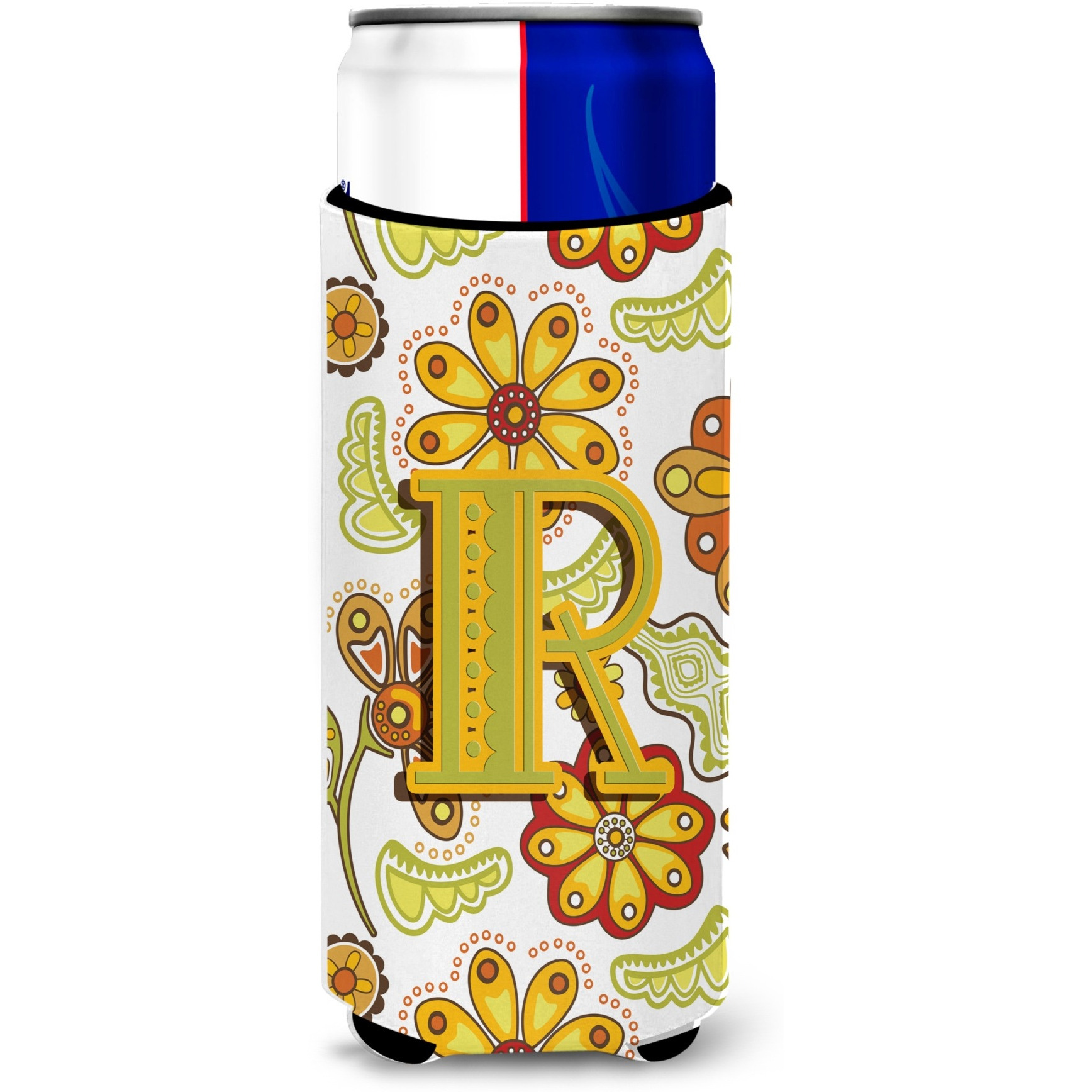 Letter R Floral Mustard and Green Ultra Beverage Insulators for slim cans CJ2003-RMUK