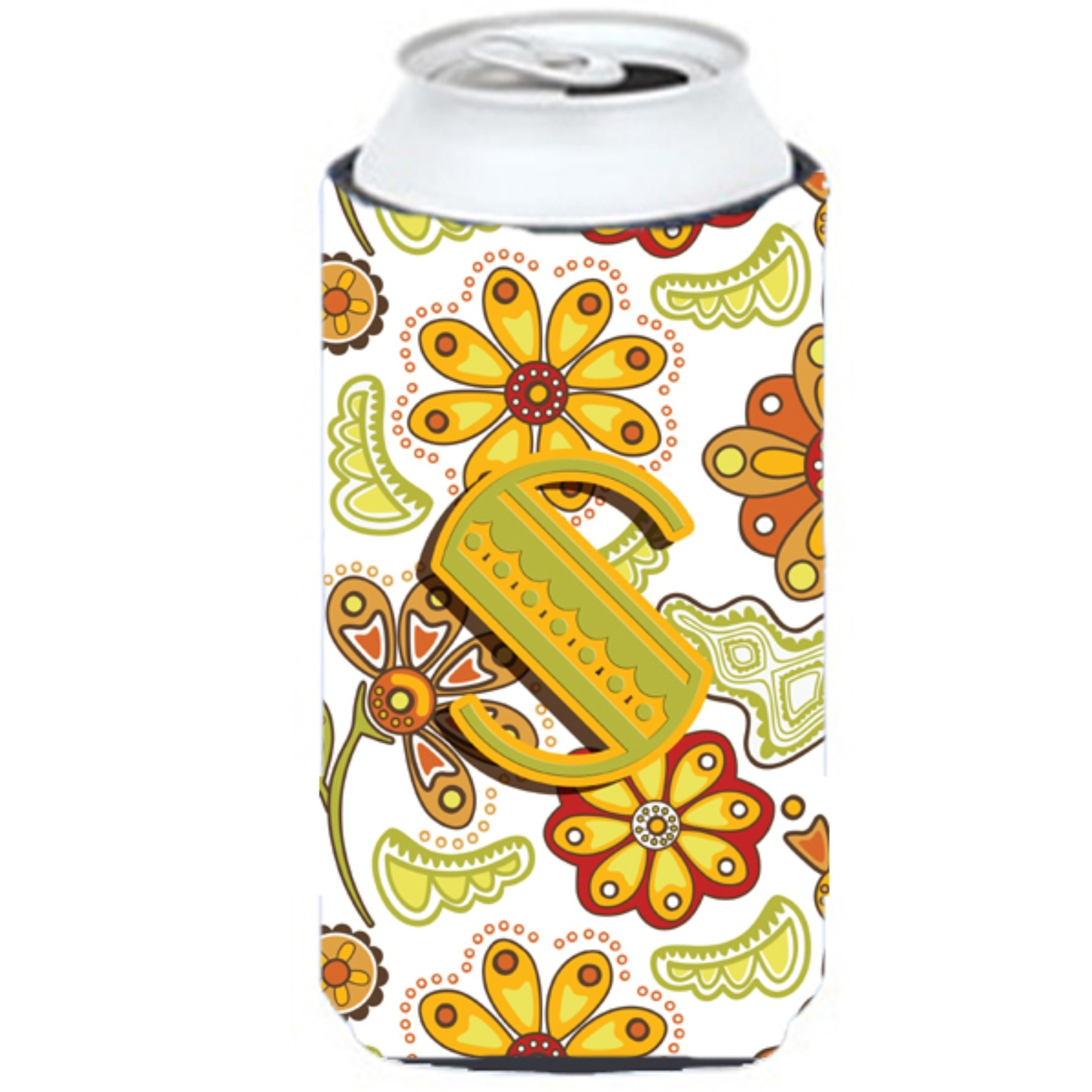 Letter S Floral Mustard and Green Tall Boy Beverage Insulator Hugger CJ2003-STBC
