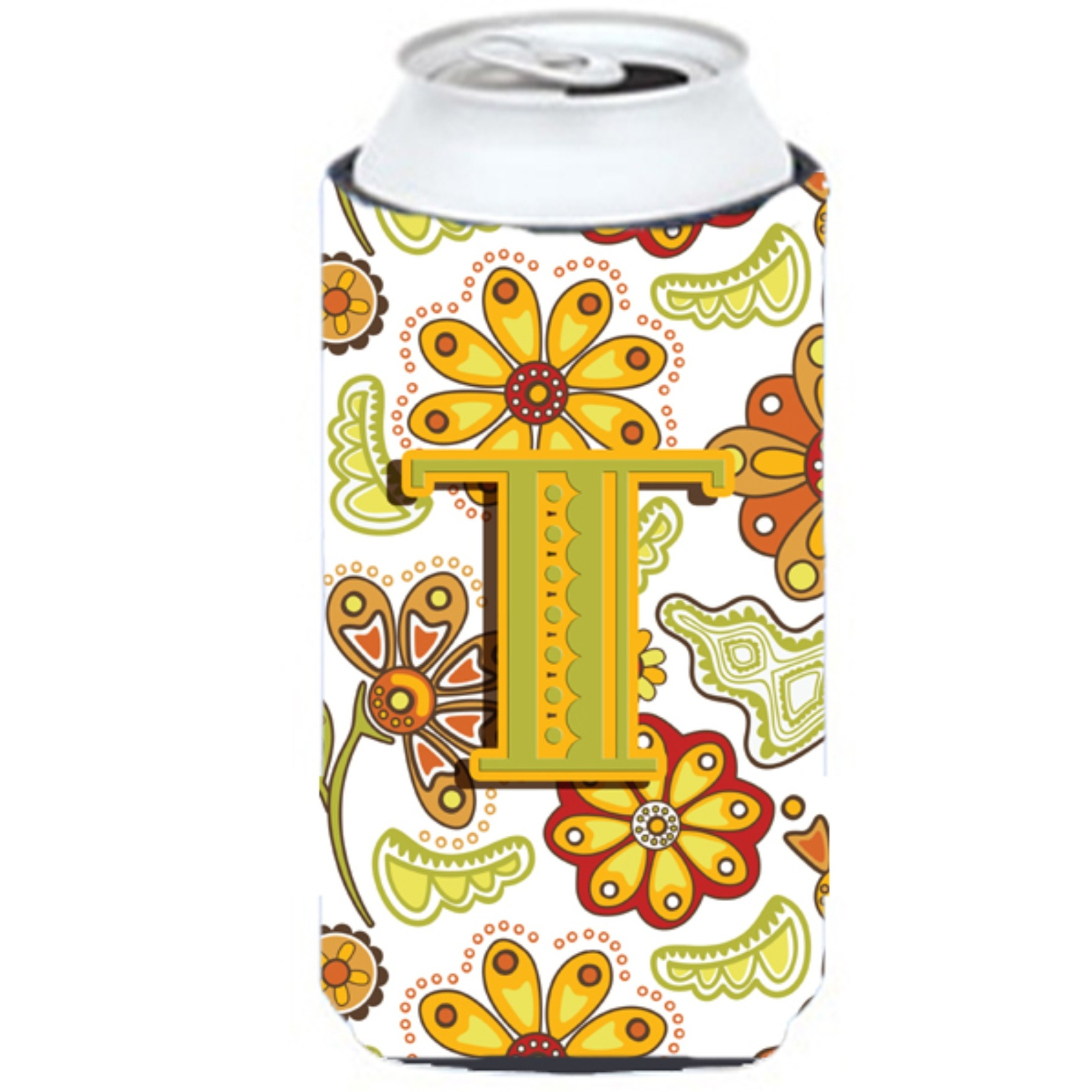 Letter T Floral Mustard and Green Tall Boy Beverage Insulator Hugger CJ2003-TTBC