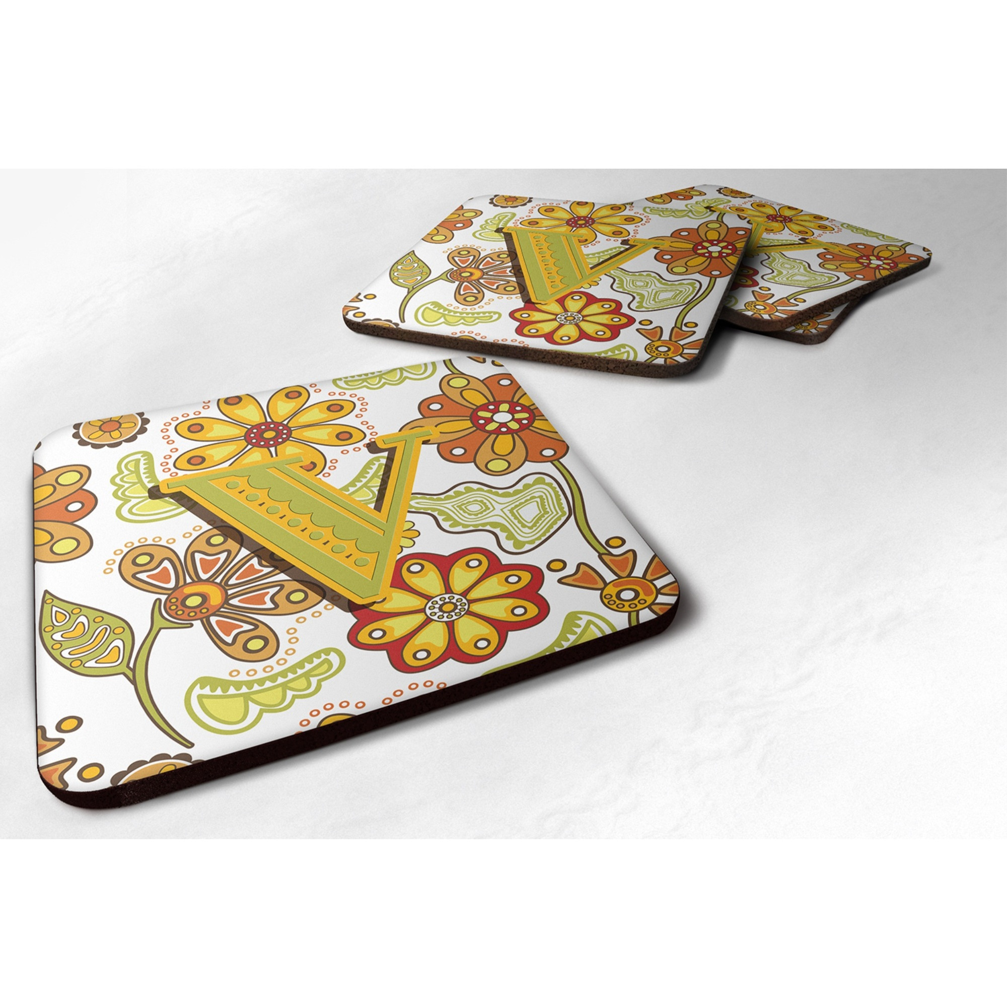 &quotCaroline's Treasures CJ2003-VFC Letter V Floral Mustard and Green Foam Coasters (Set of 4), 3.5"", Multicolor"