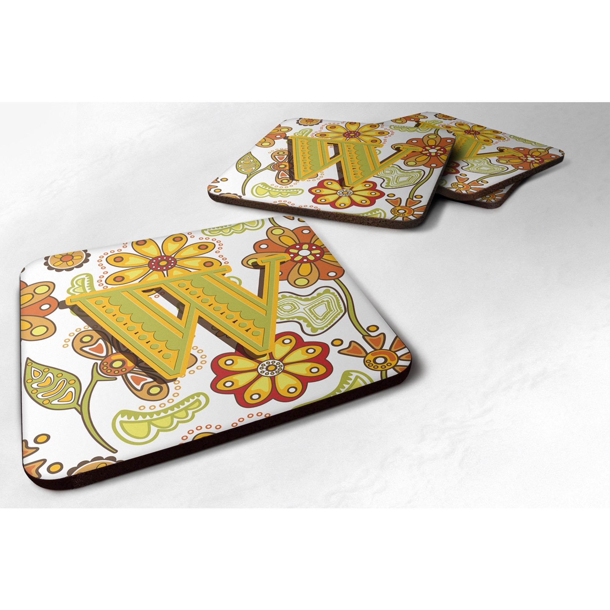 &quotCaroline's Treasures CJ2003-WFC Letter W Floral Mustard and Green Foam Coasters (Set of 4), 3.5"", Multicolor"