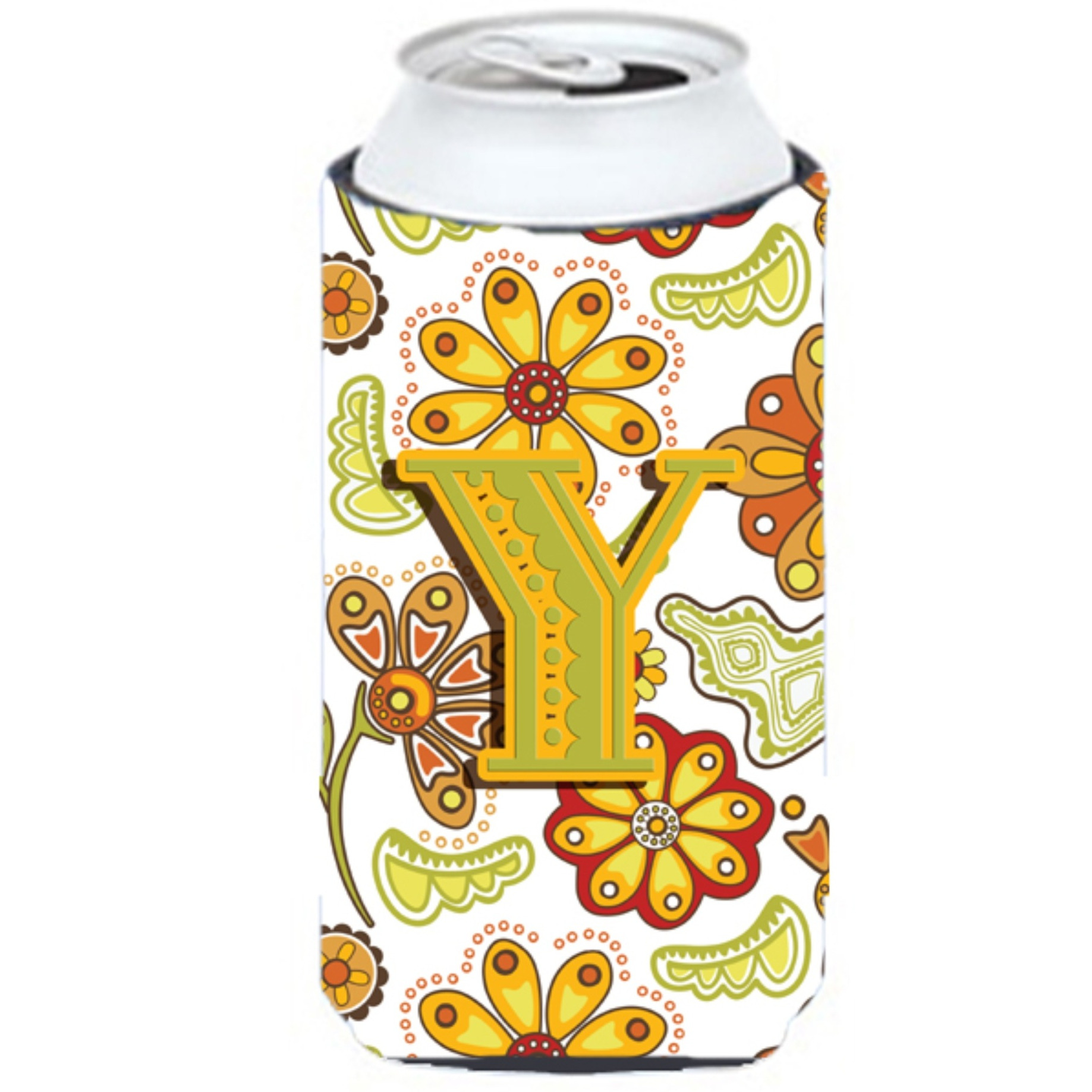 Letter Y Floral Mustard and Green Tall Boy Beverage Insulator Hugger CJ2003-YTBC