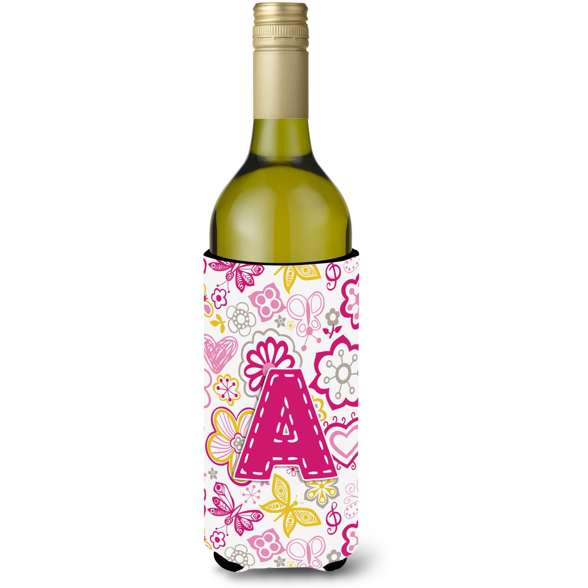 Letter A Flowers and Butterflies Pink Wine Bottle Beverage Insulator Hugger CJ2005-ALITERK