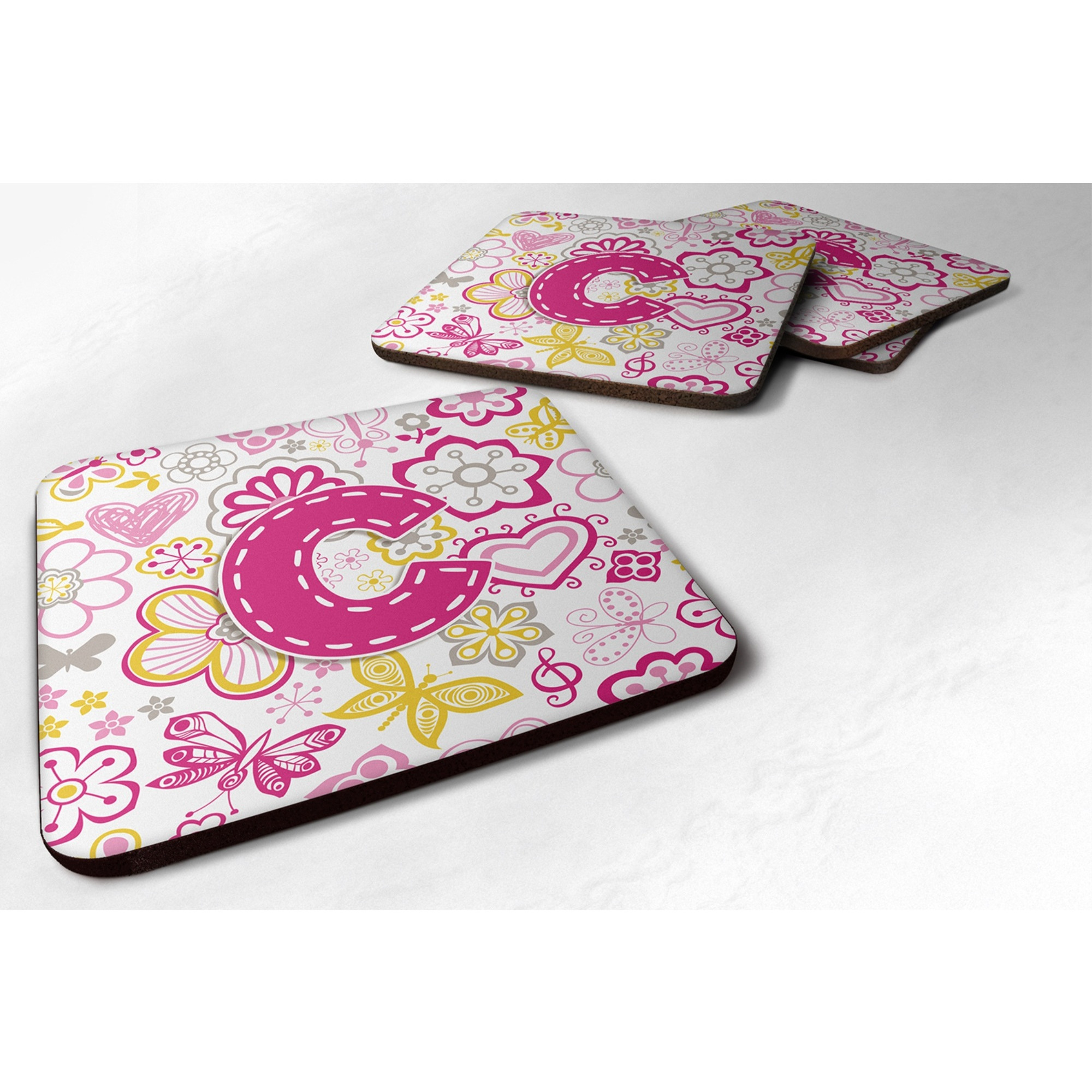&quotCaroline's Treasures CJ2005-CFC Letter C Flowers and Butterflies Pink Foam Coasters (Set of 4), 3.5"", Multicolor"