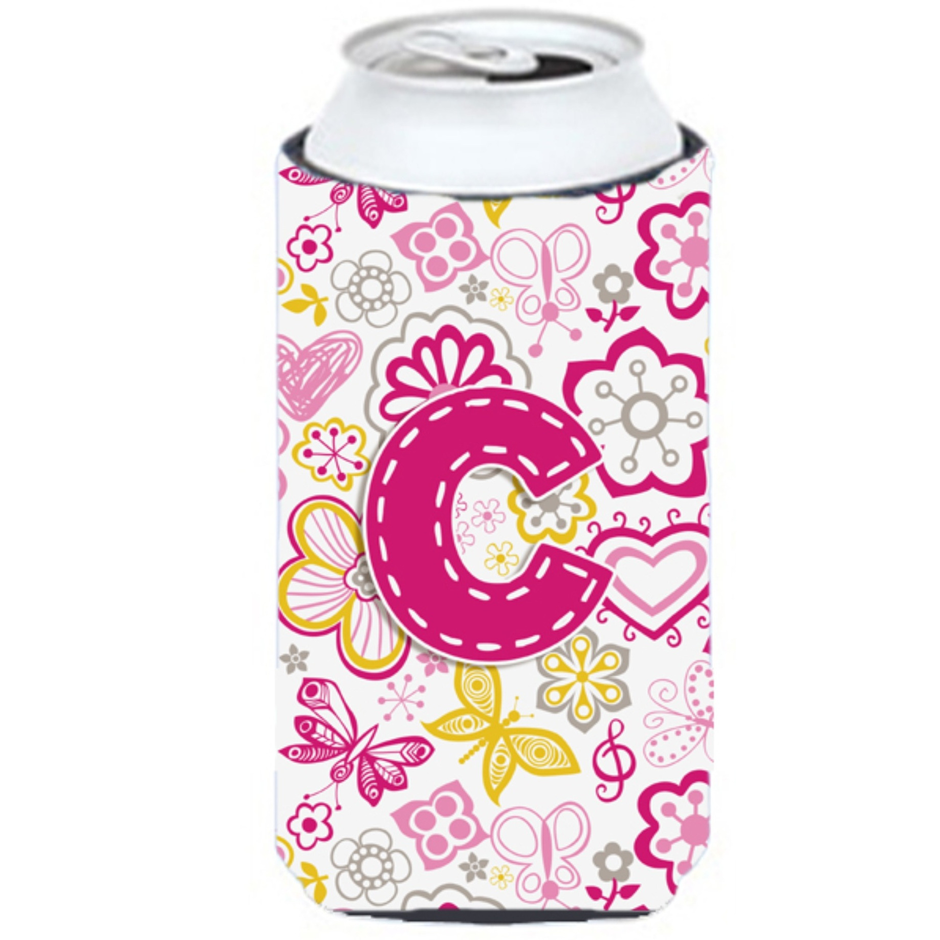 Letter C Flowers and Butterflies Pink Tall Boy Beverage Insulator Hugger CJ2005-CTBC
