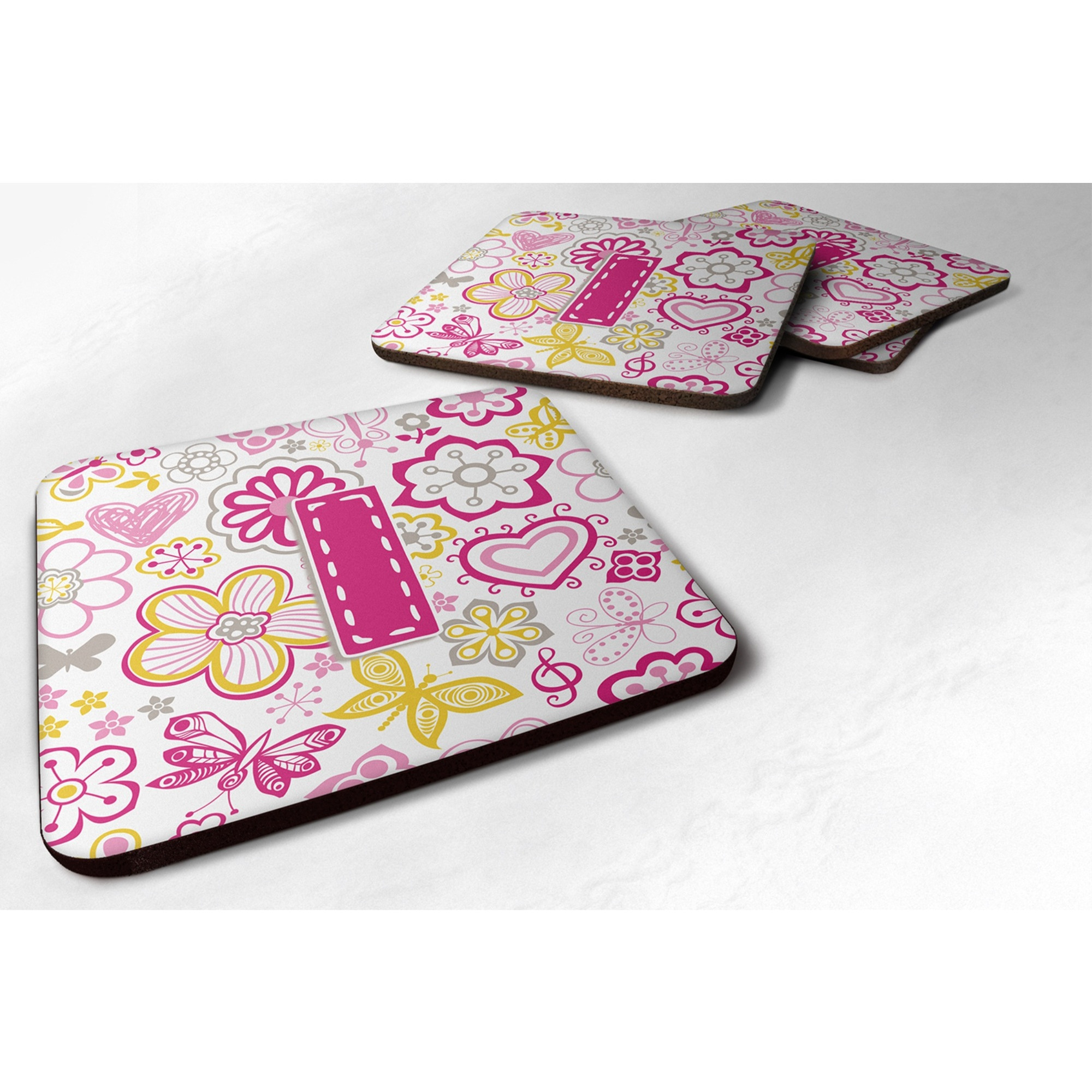 &quotCaroline's Treasures CJ2005-IFC Letter I Flowers and Butterflies Pink Foam Coasters (Set of 4), 3.5"", Multicolor"