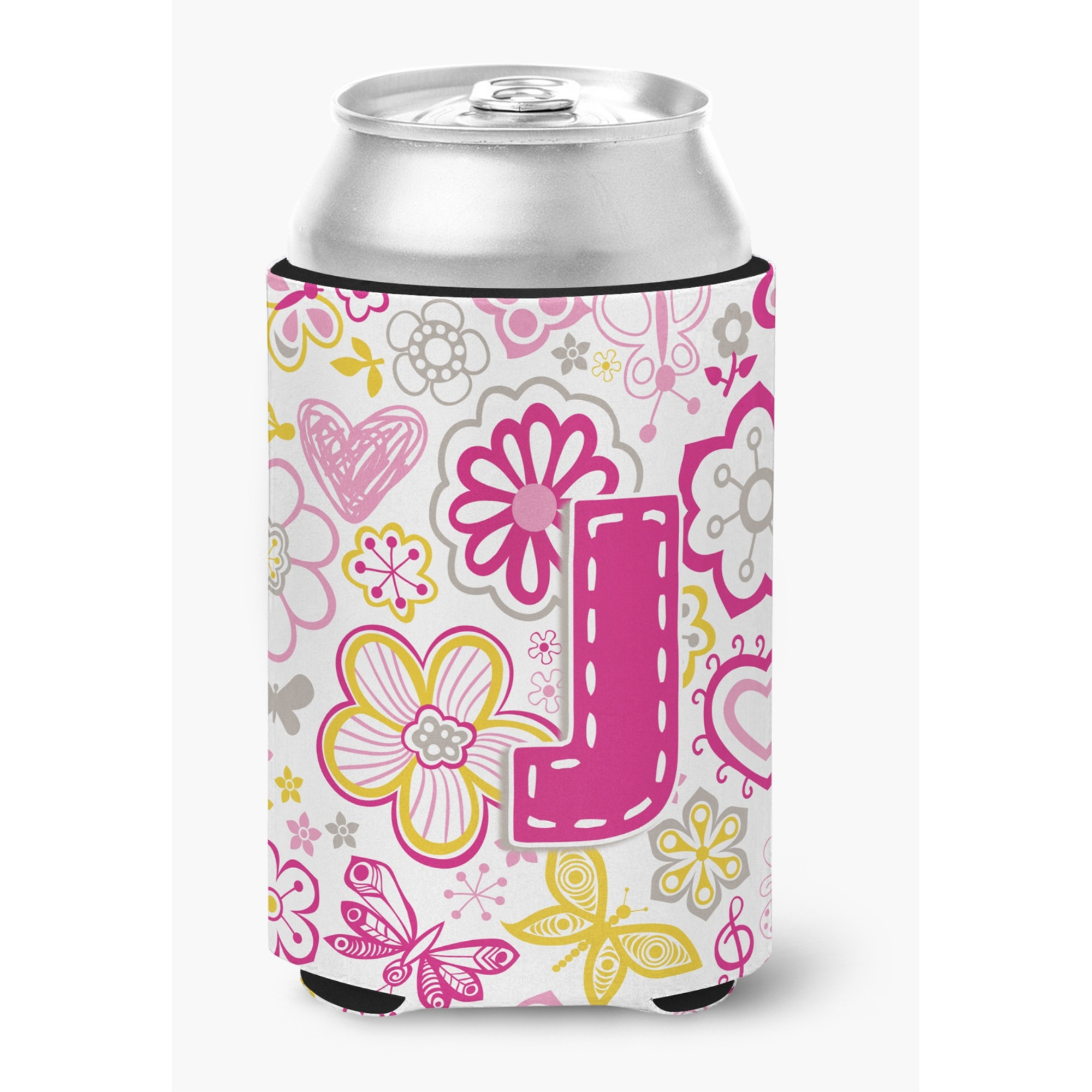 Letter J Flowers and Butterflies Pink Can or Bottle Hugger CJ2005-JCC