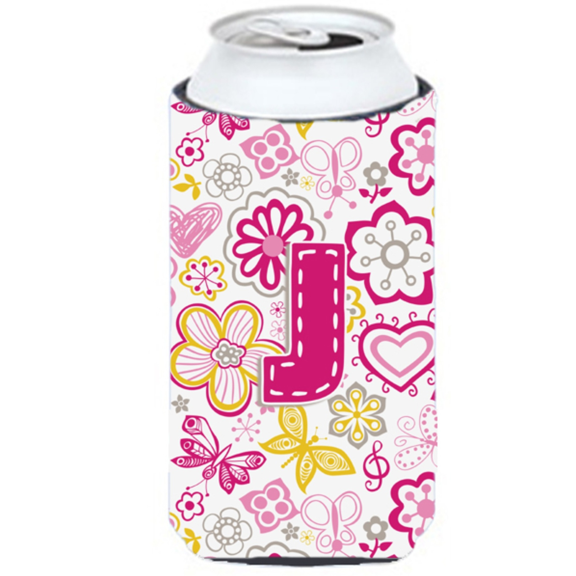 Letter J Flowers and Butterflies Pink Tall Boy Beverage Insulator Hugger CJ2005-JTBC