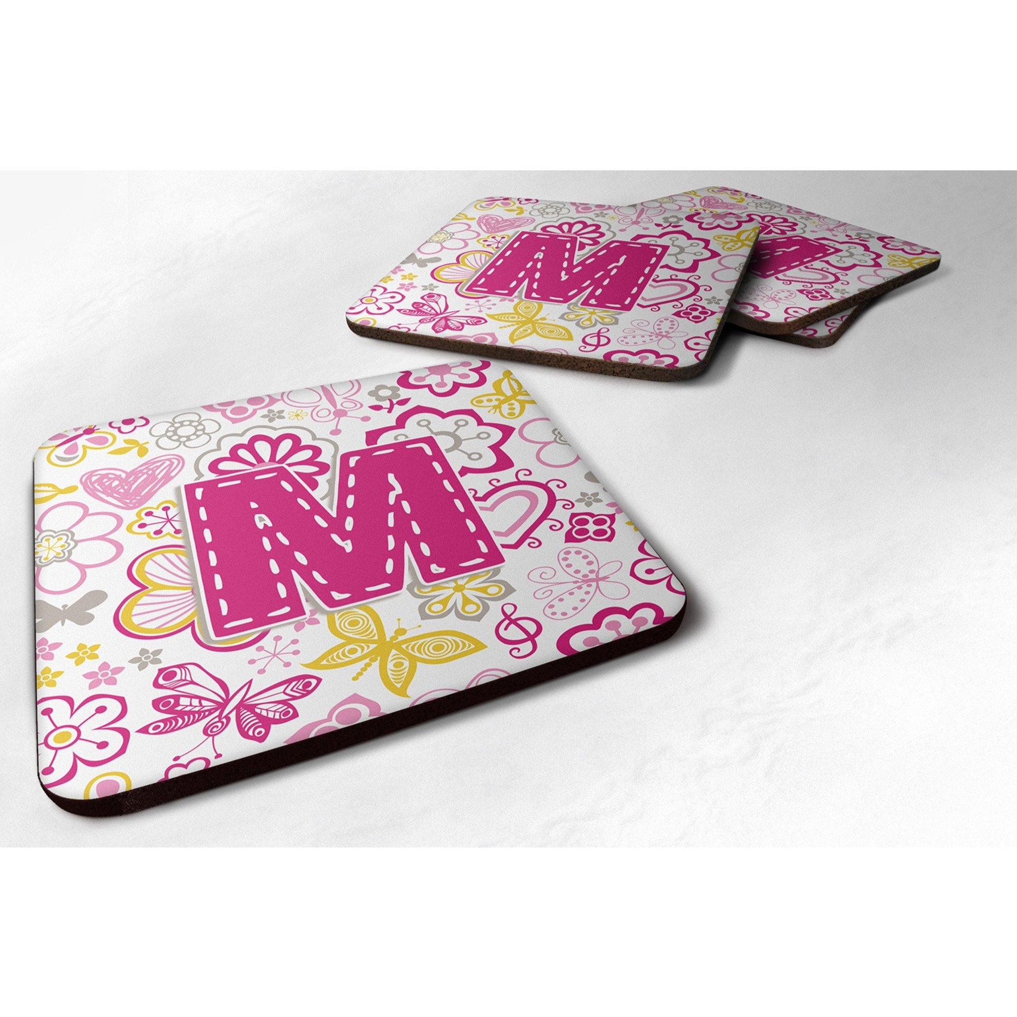 &quotCaroline's Treasures CJ2005-MFC Letter M Flowers and Butterflies Pink Foam Coasters (Set of 4), 3.5"", Multicolor"